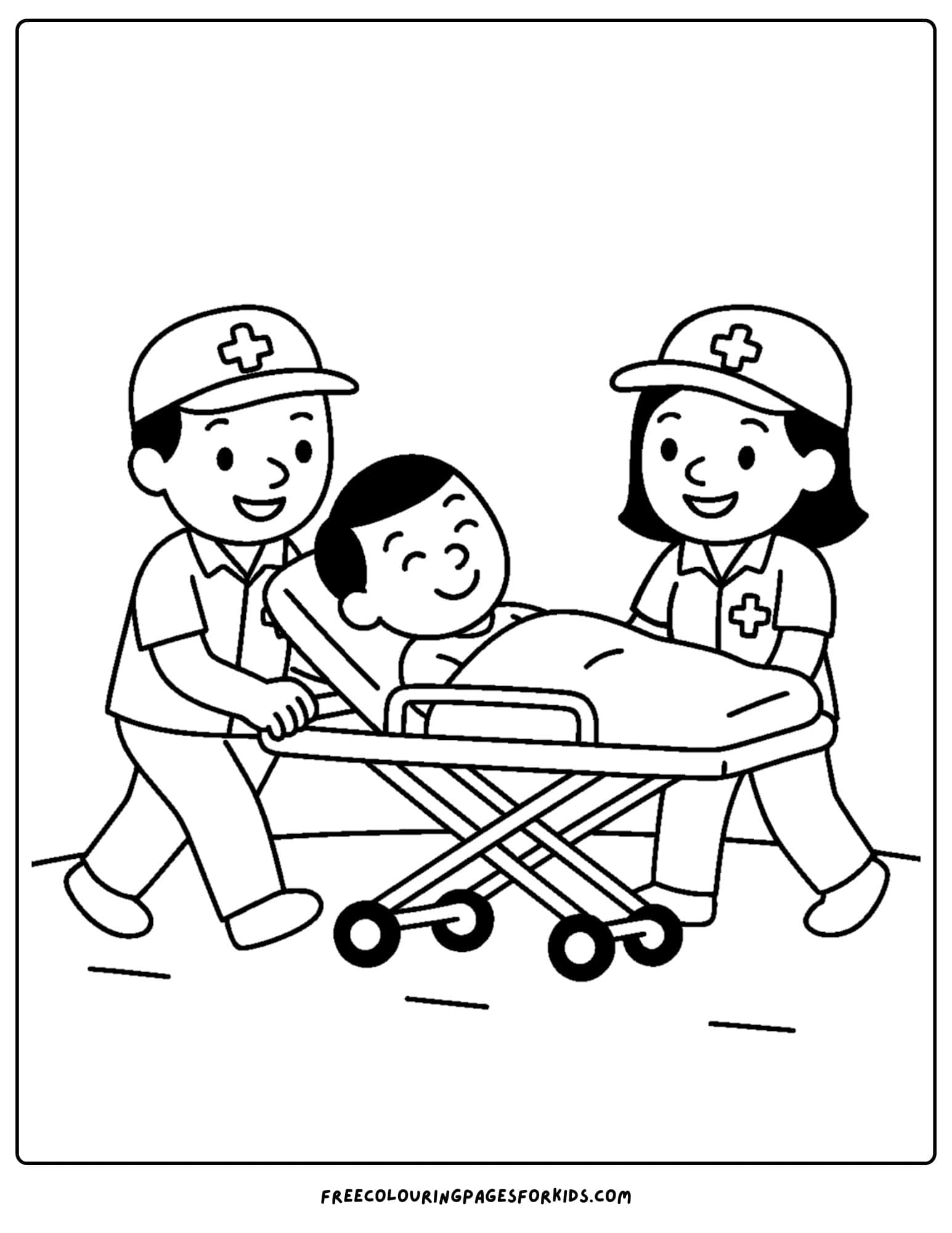 an ambulance coloring page featuring emt's pushing a patient on a stretcher