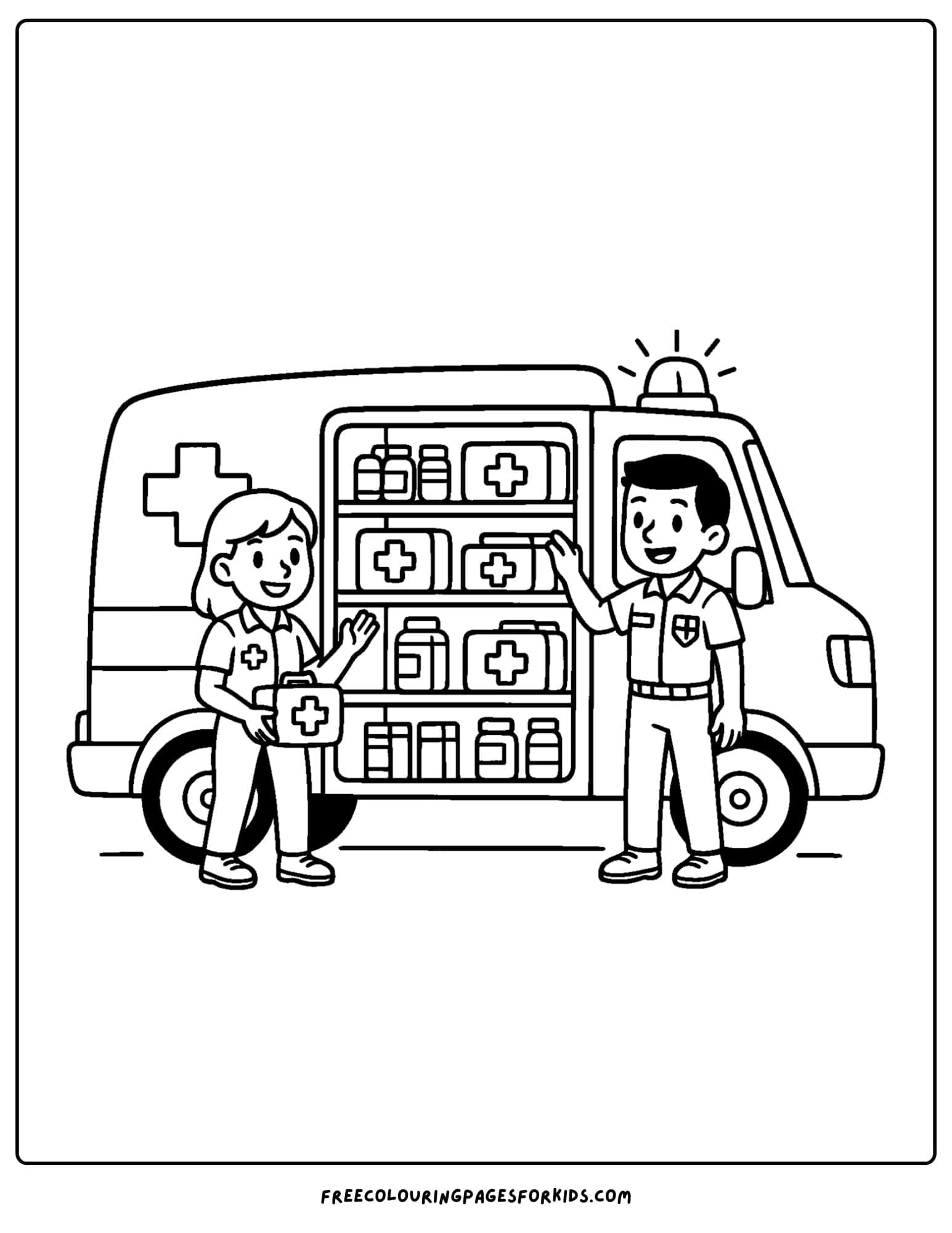 an ambulance coloring page featuring EMT's re-stocking an ambulance with medical supplies