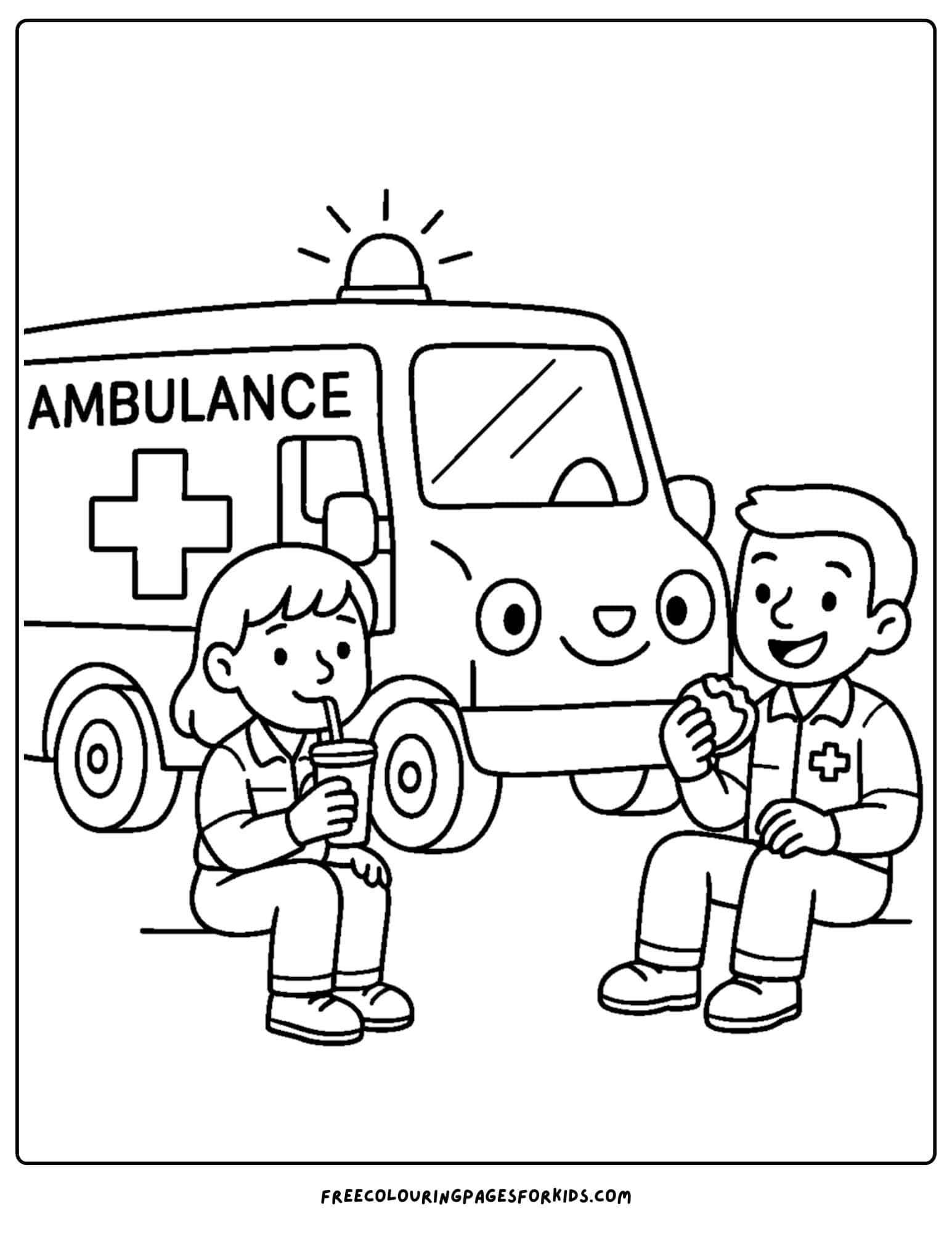 an ambulance coloring page featuring 2 emt's sitting having a snack next to an ambulance