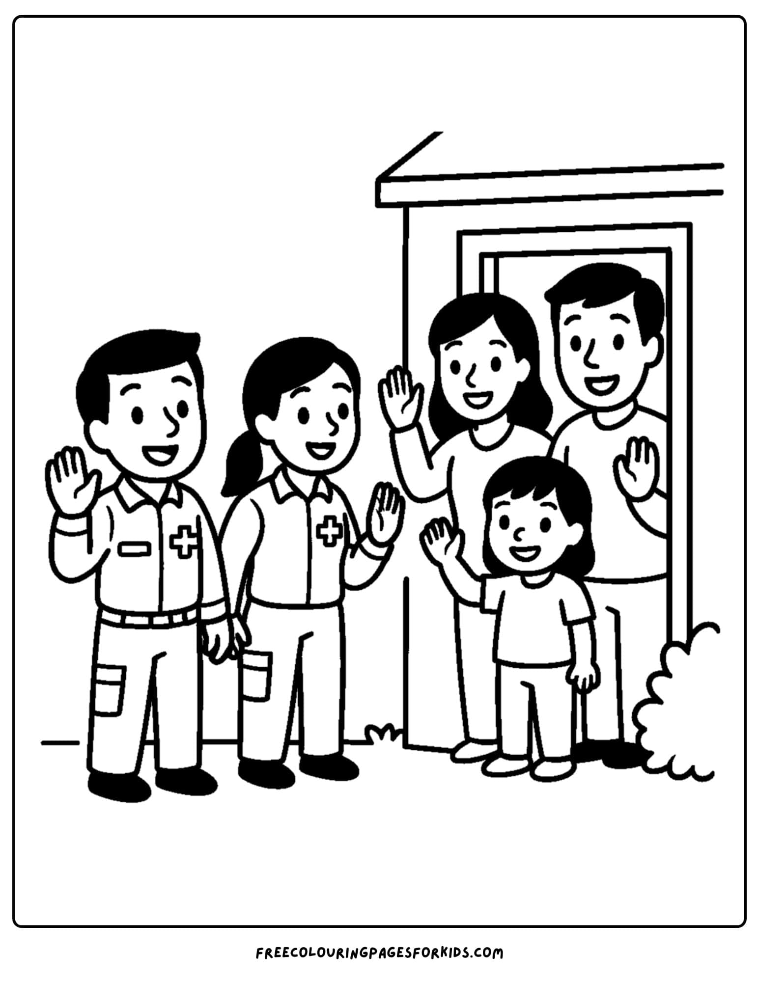 an ambulance coloring page featuring emt's waving goodbye toa family after visiting their house