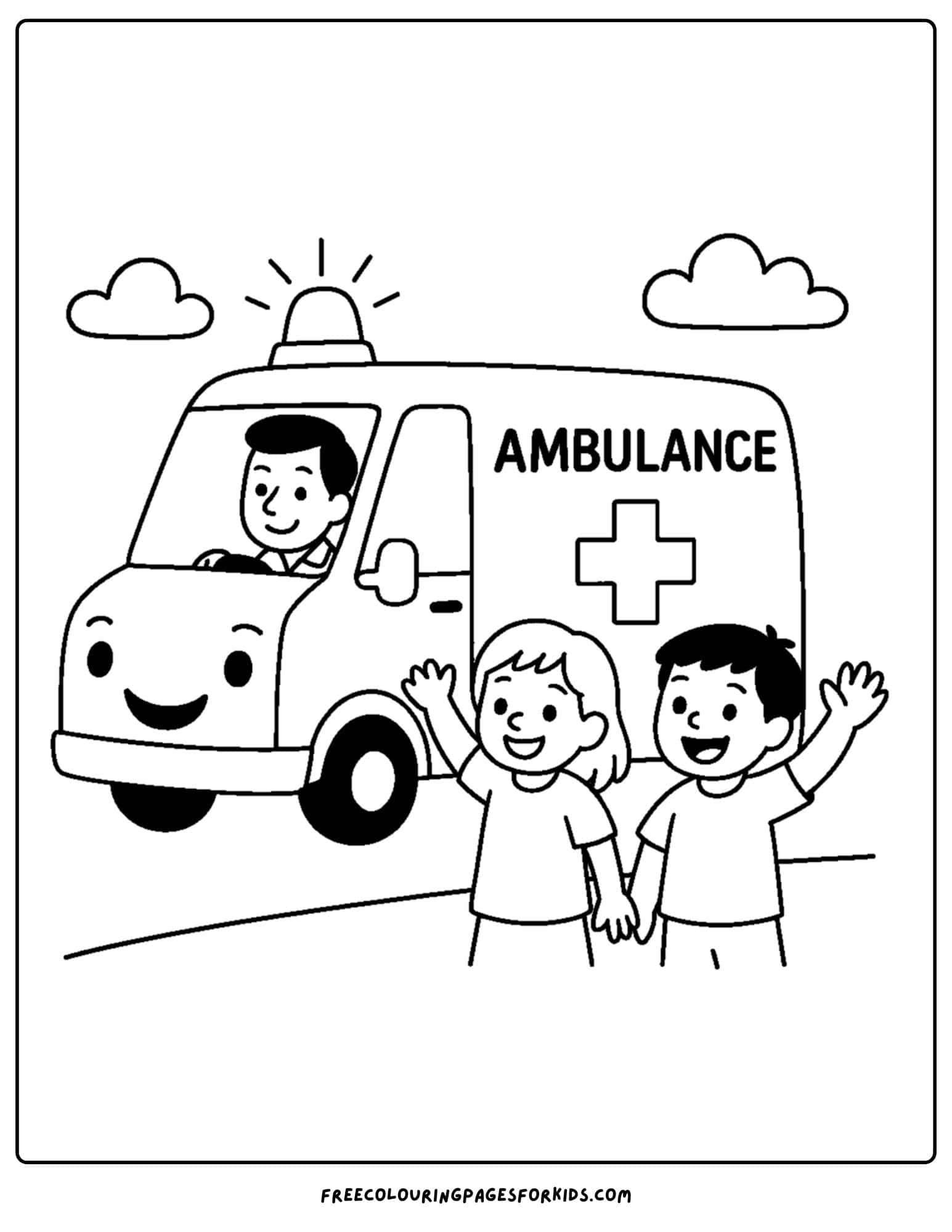 an ambulance coloring page featuring kids waving to an ambulance driving past