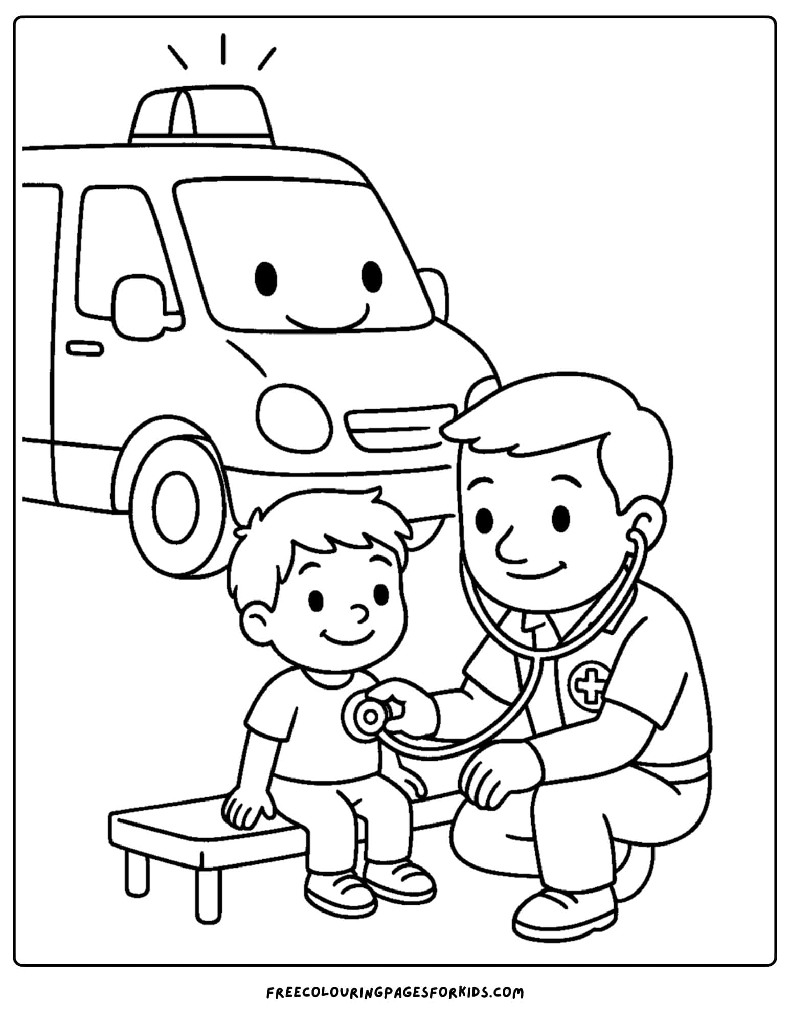 an ambulance coloring page featuring a paramedic checking on a child