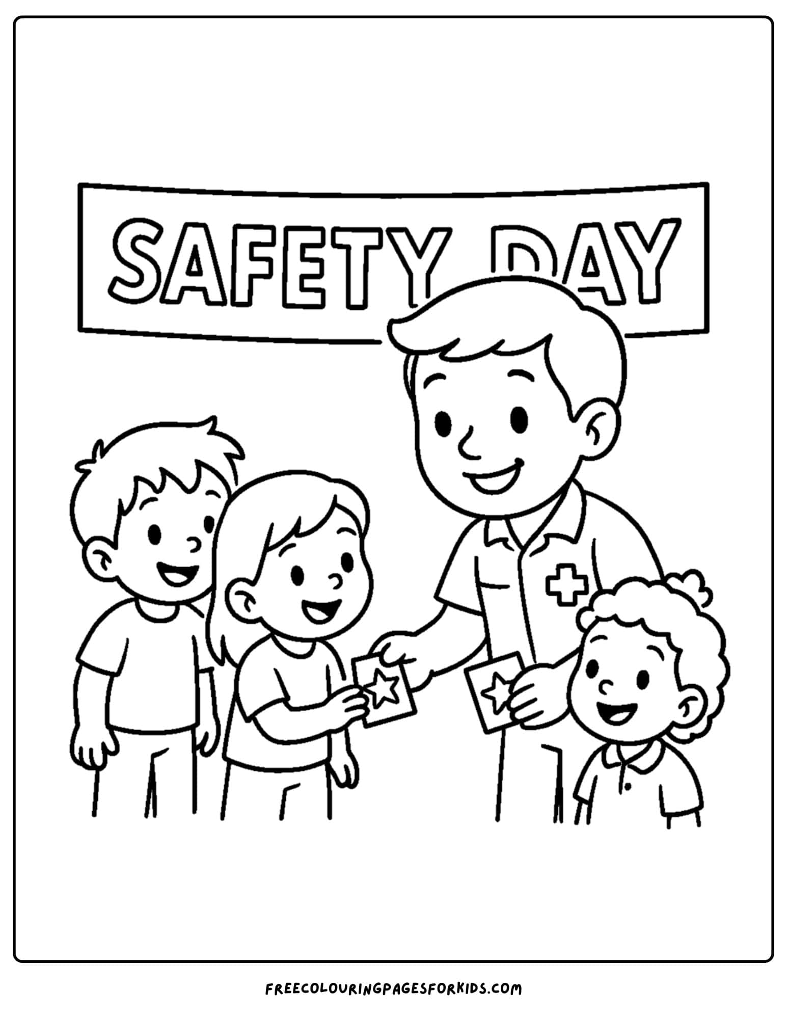 an ambulance coloring page featuring a paramedic handing out stickers to kids for safety day