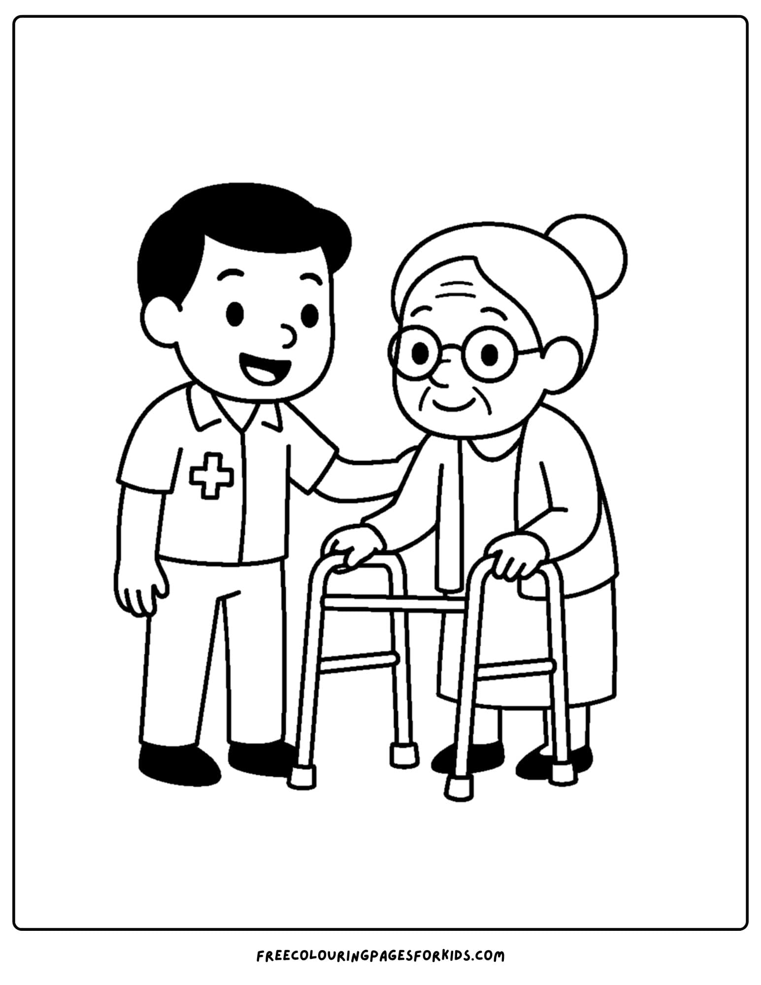 an ambulance coloring page featuring a paramedic helping an elderly person