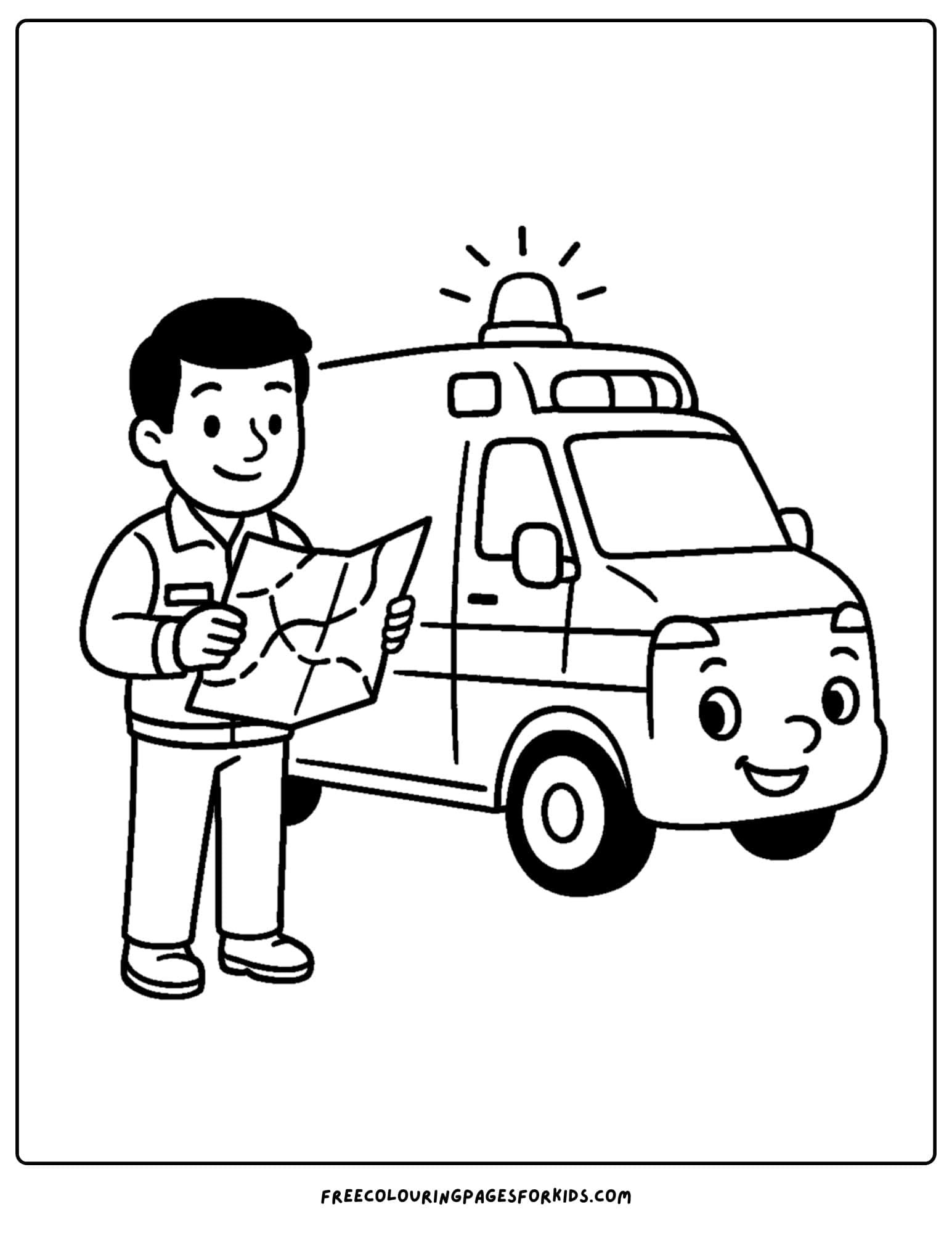 an ambulance coloring page featuring a paramedic reading a map next to an ambulance
