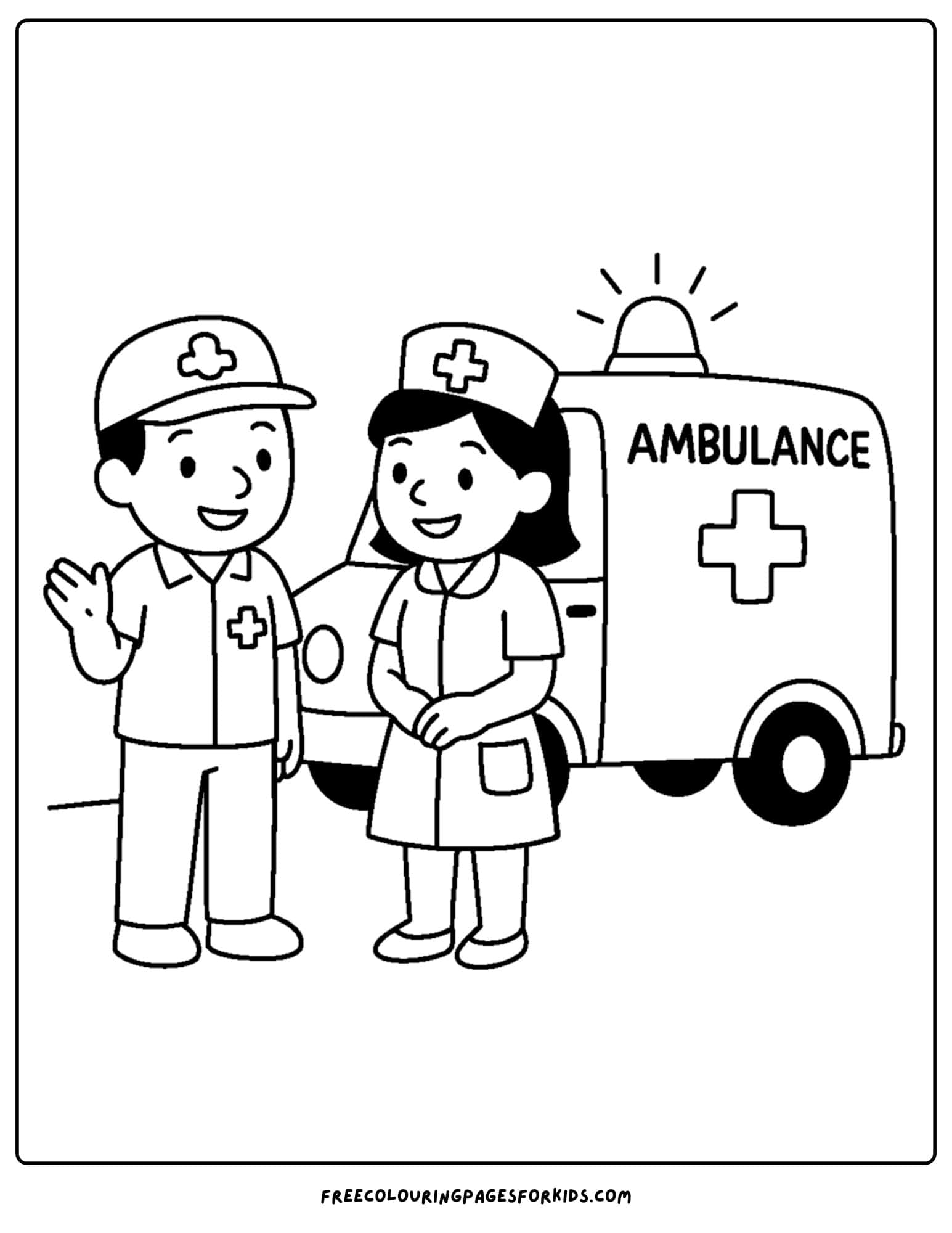 an ambulance coloring page featuring a paramedic and a nurse talking with an ambulance in the background