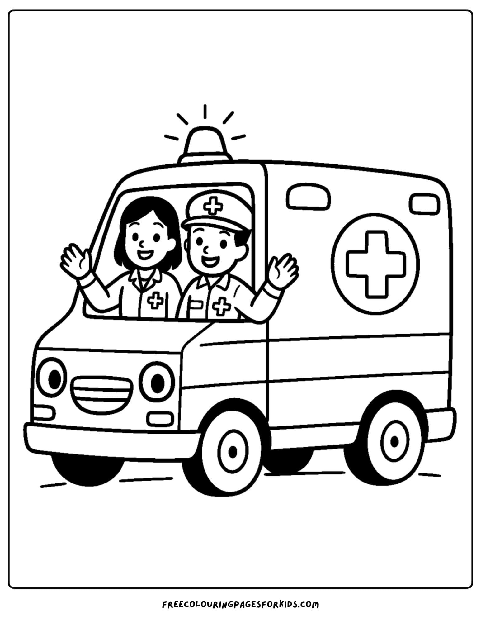 an ambulance coloring page featuring paramedics waving from the window of an ambulance
