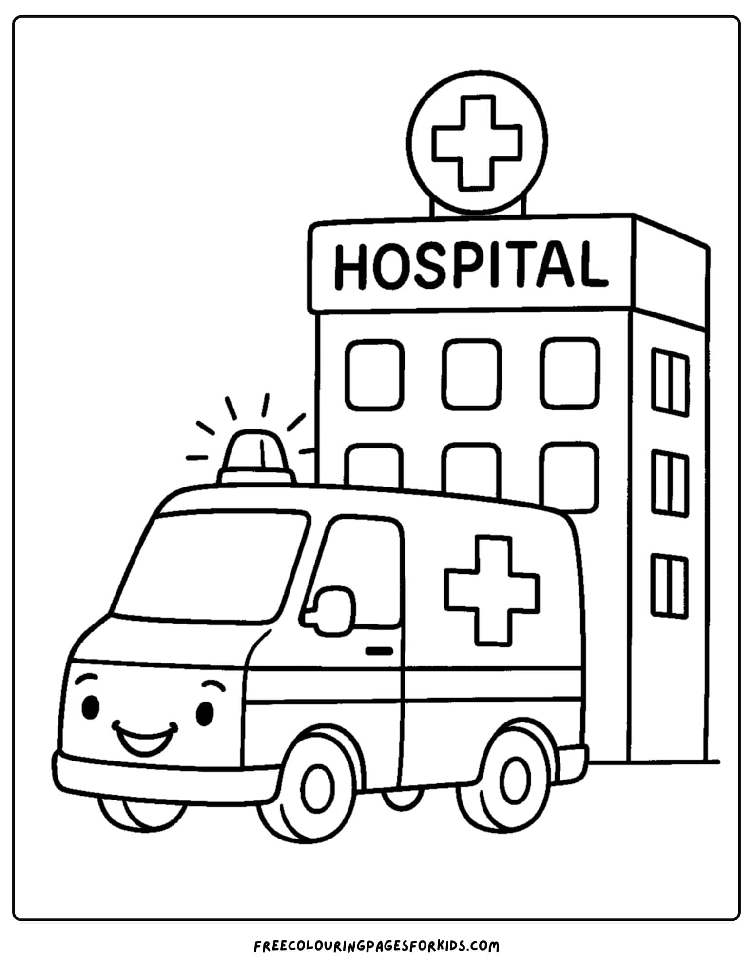 an ambulance coloring page featuring an ambulance parked outside a hospital