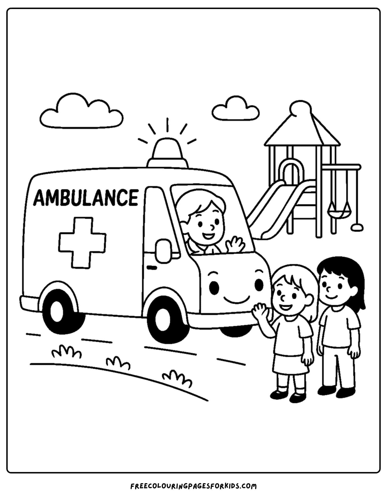 an ambulance coloring page featuring an ambulance stopped at a kids playground with 2 kids waving hello