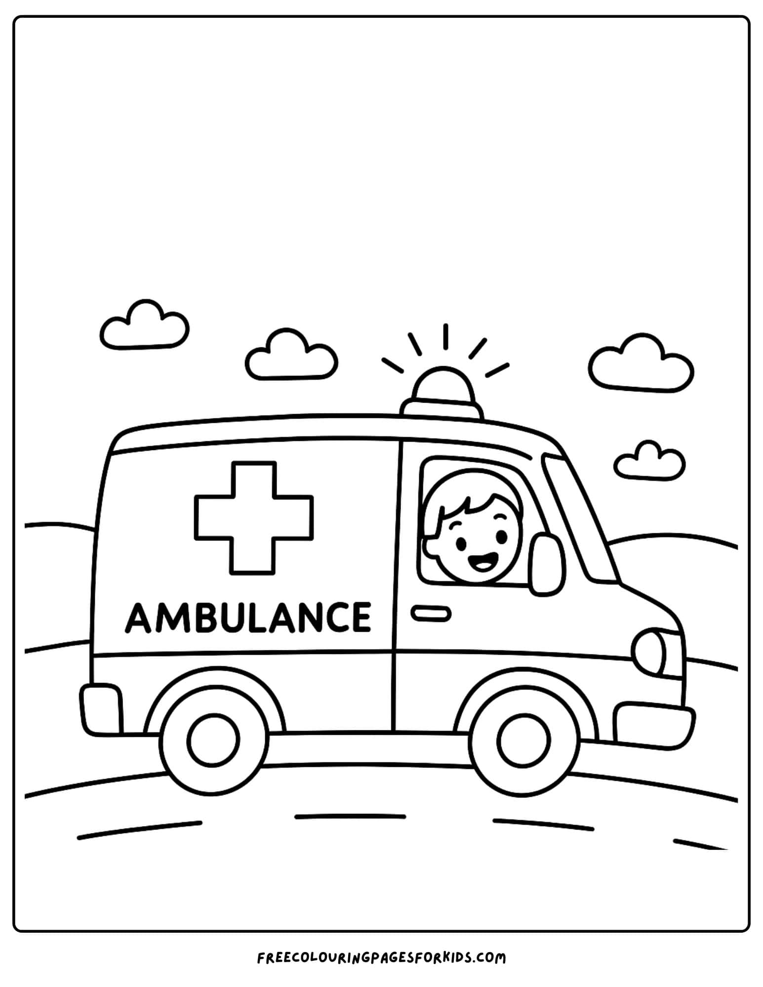 an ambulance coloring page featuring an ambulance driving along the road