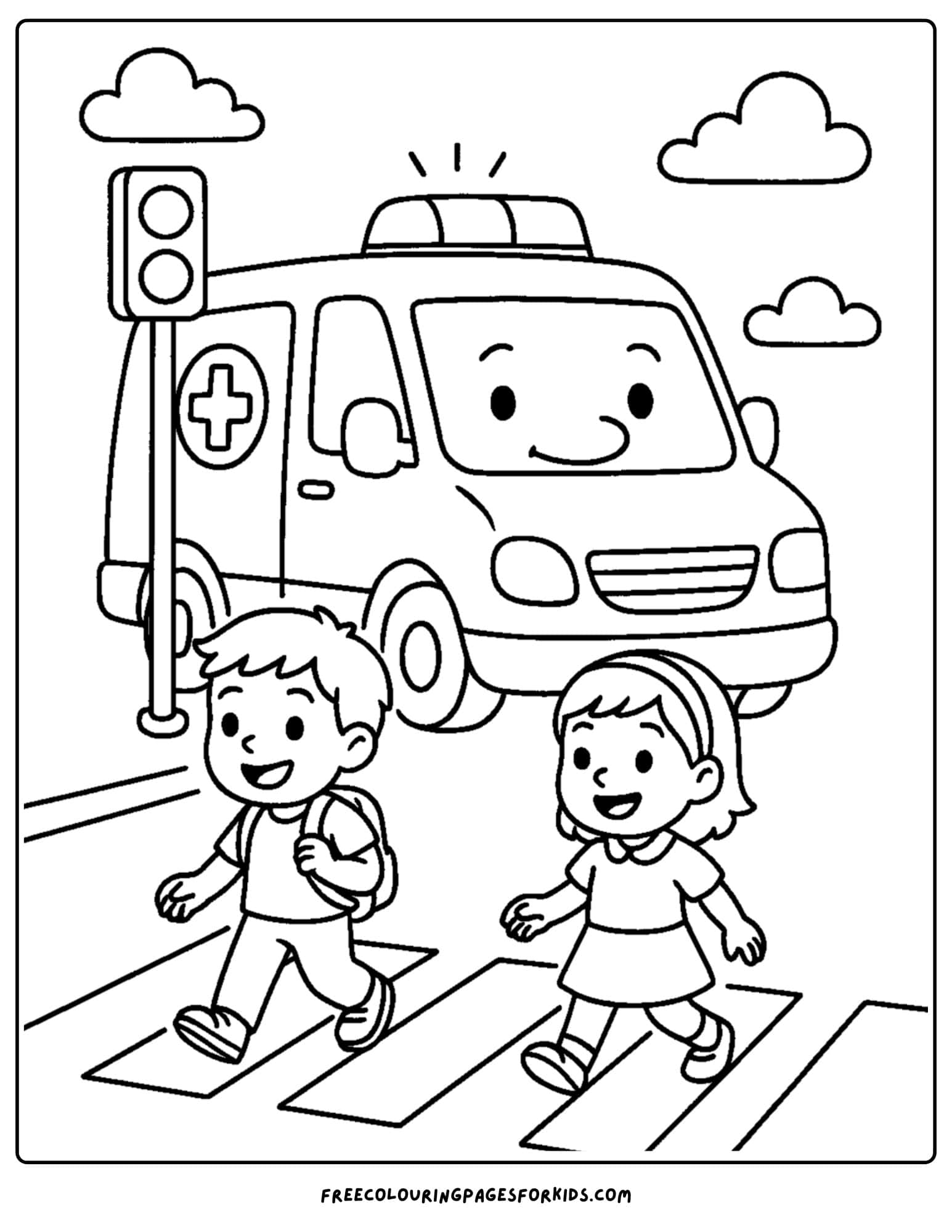 an ambulance coloring page featuring an ambulance stopped at a traffic light with kids crossing the road