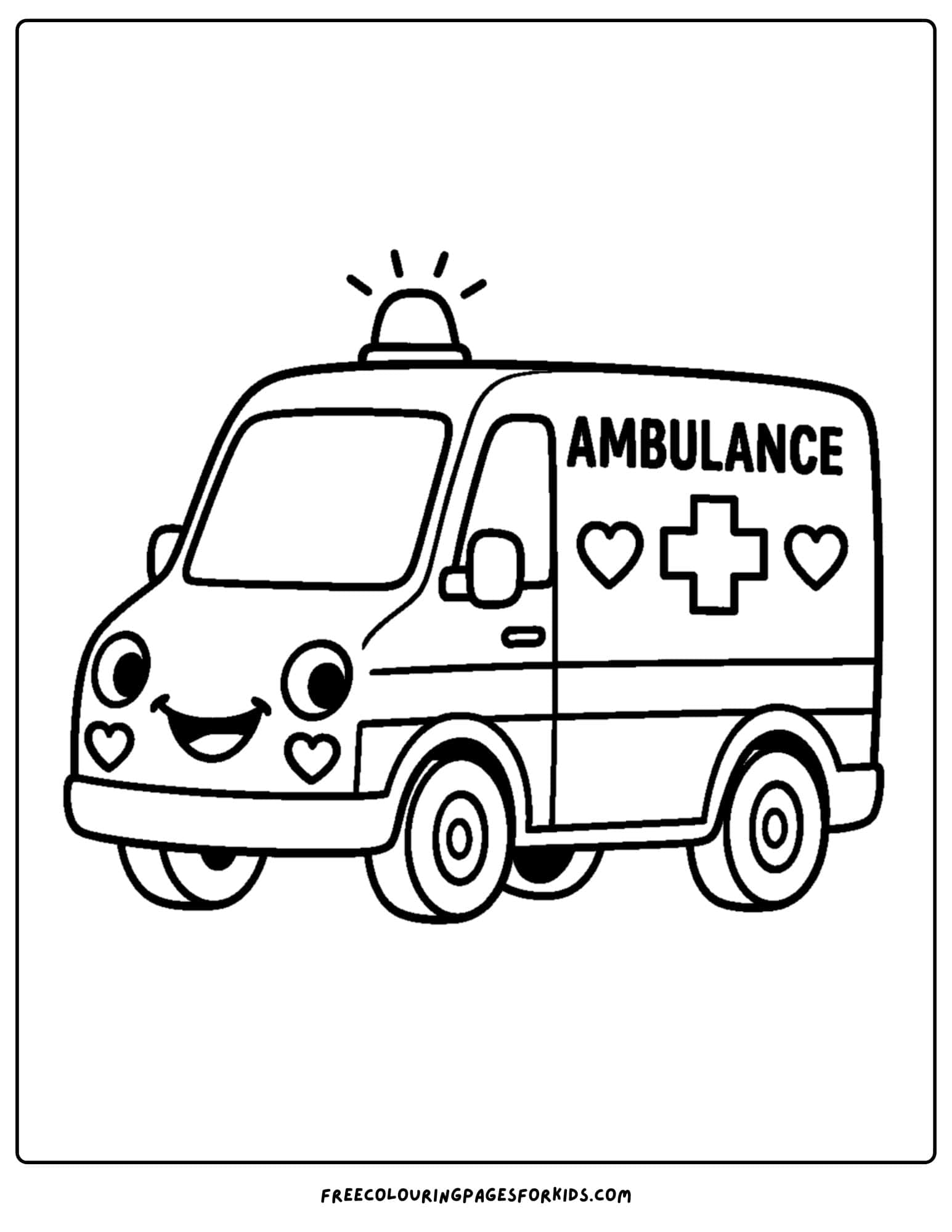 an ambulance coloring page featuring a smiling ambulance with the siren blinking on top