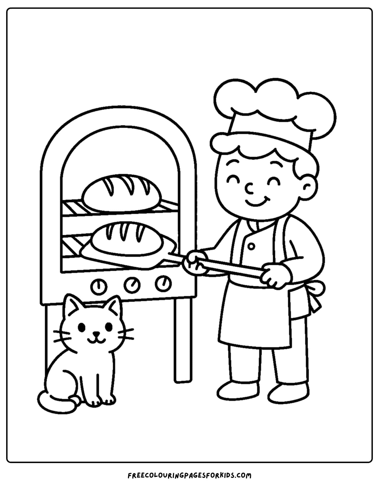 Baker coloring page, in which a baker removes bread from a wood-fired oven while a cat looks on