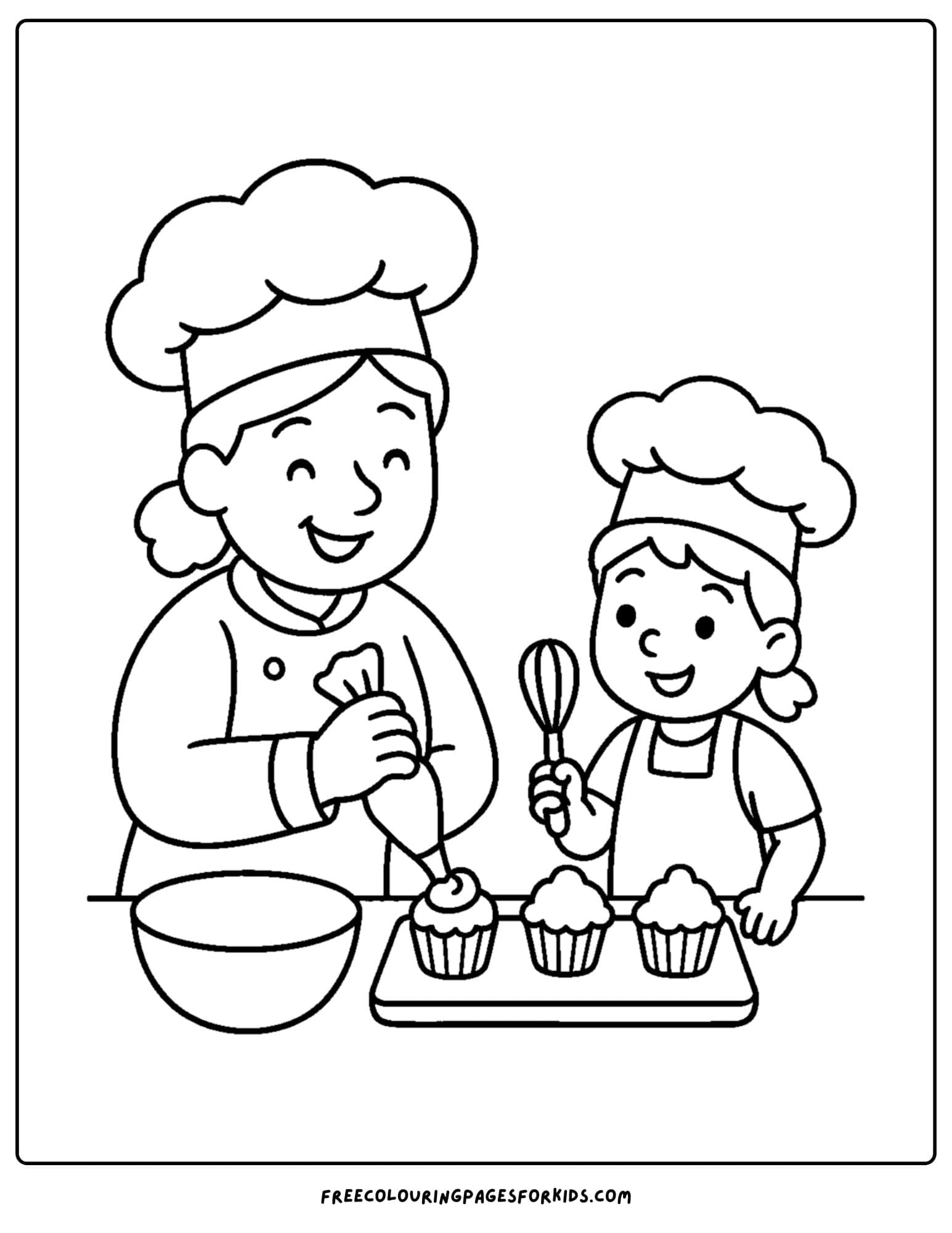 A baker coloring page with a baker and a child making cupcakes