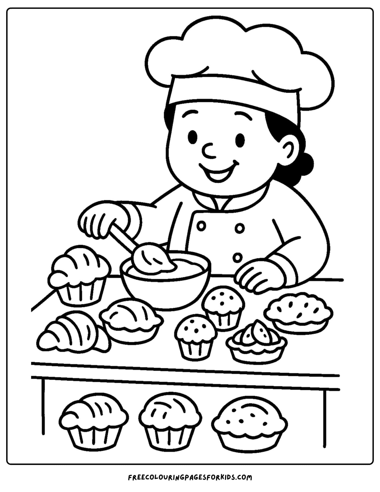 Baker coloring page in which the baker is arranging pastries for display