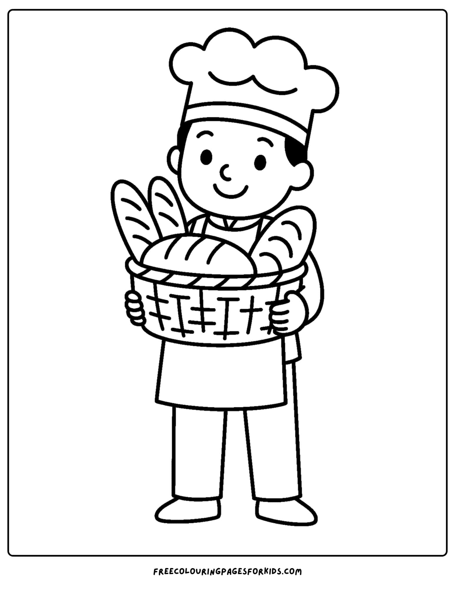 A baker coloring page in which a baker carries a basket of bread