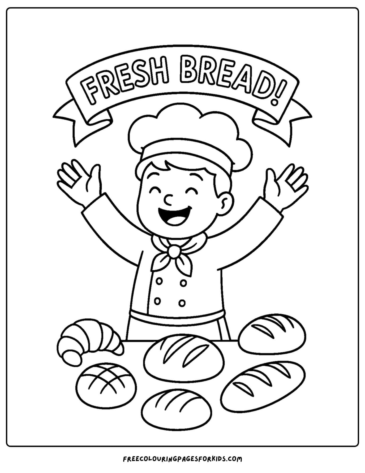 Baker coloring page featuring a baker celebrating fresh bread