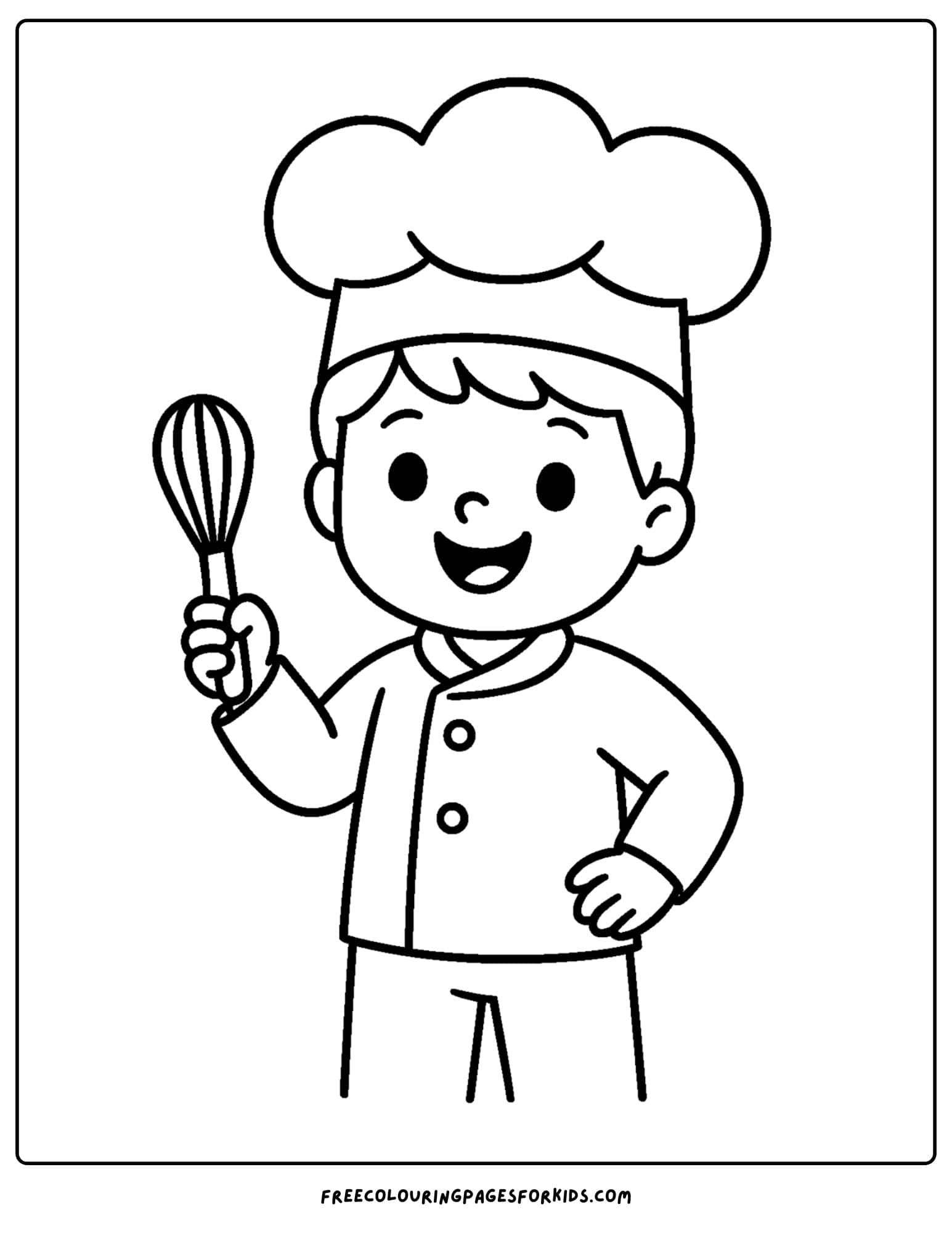 A baker coloring page with a baker kid holding a mixer