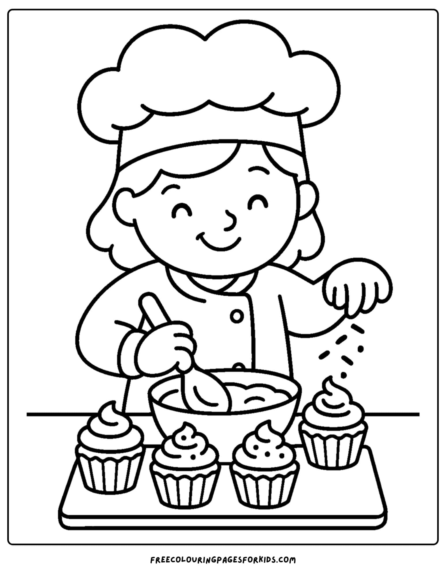 A baker coloring page featuring a baker decorating cupcakes