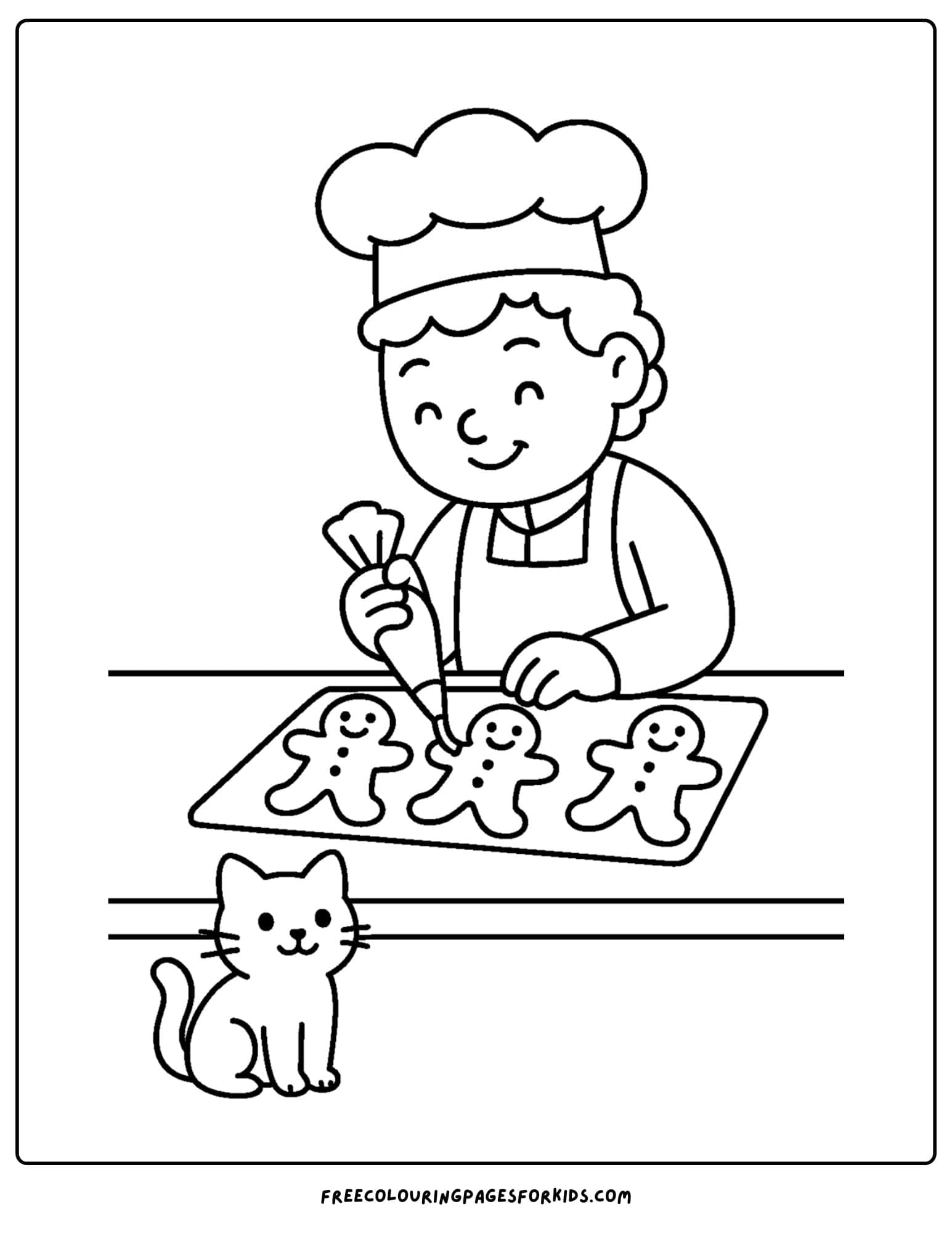 A baker coloring page featuring a baker decorating a gingerbread man