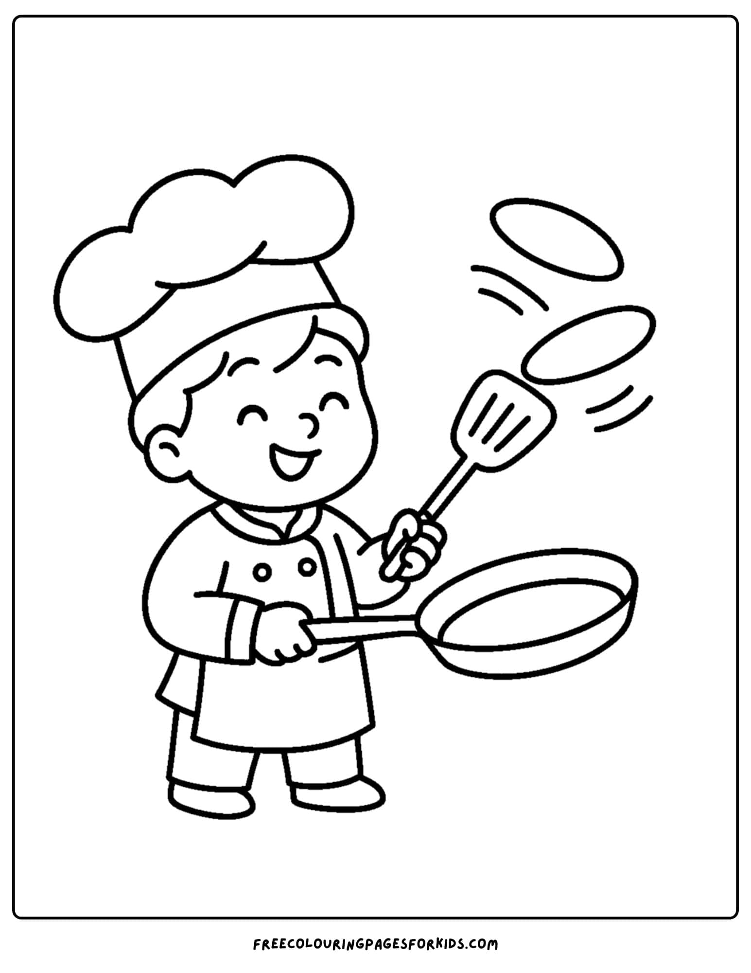 Baker coloring page with baker flipping pancakes in the air