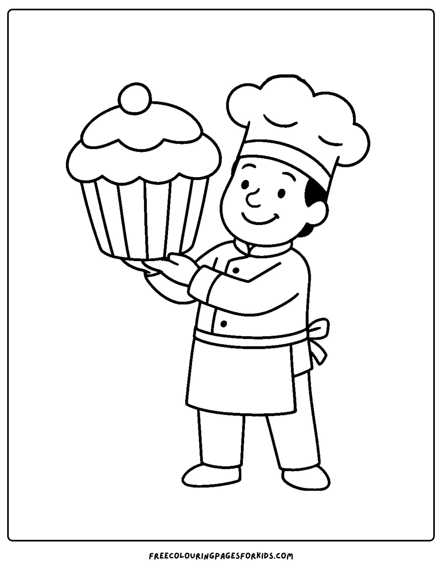 A baker coloring page in which a baker is holding a huge cupcake