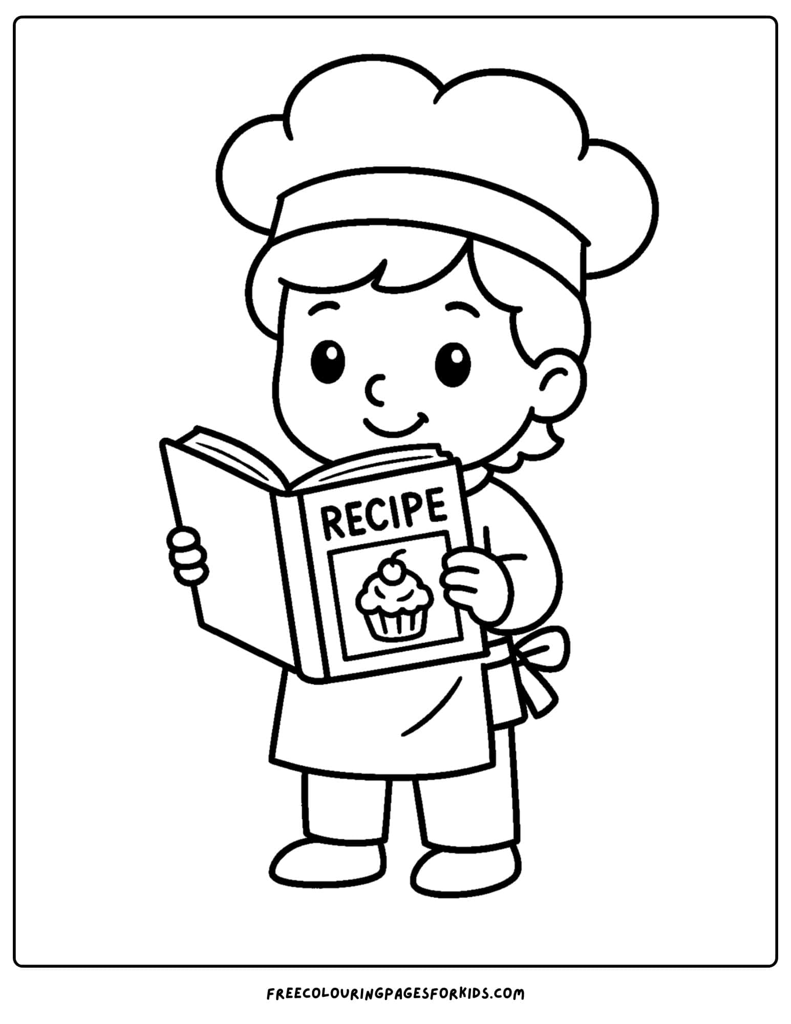 Baker coloring page in which the baker is reading a recipe book