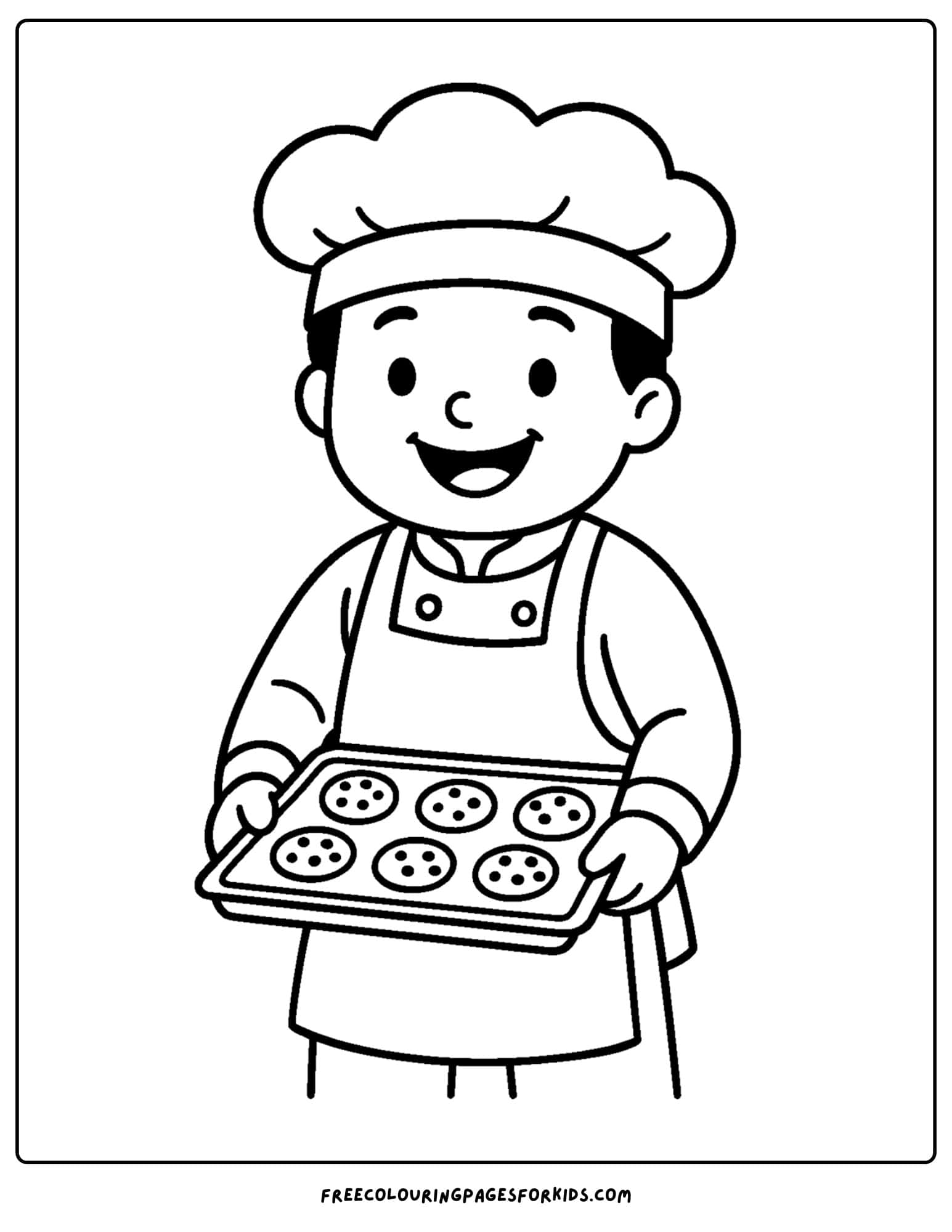 A baker coloring page in which a baker is holding a plate of cookies