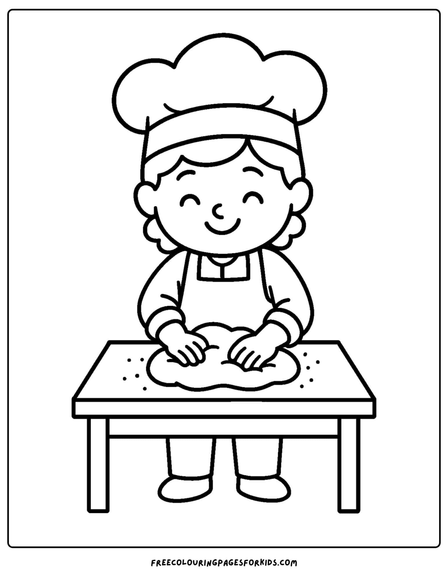 A baker coloring page featuring a baker kneading dough