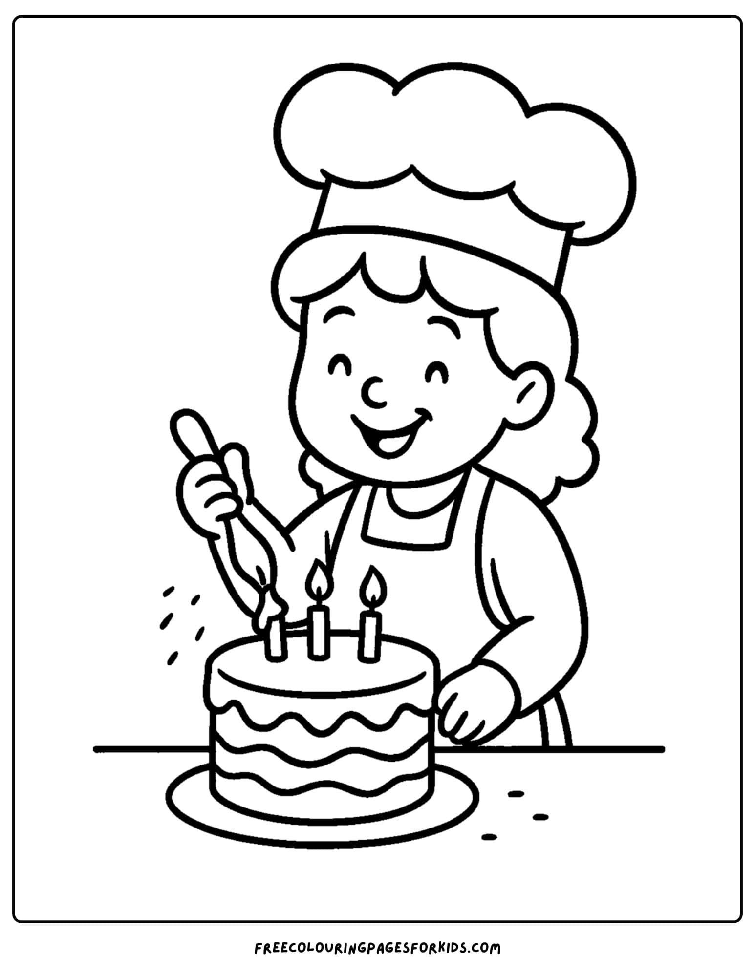 Baker coloring page in which the baker is making a birthday cake