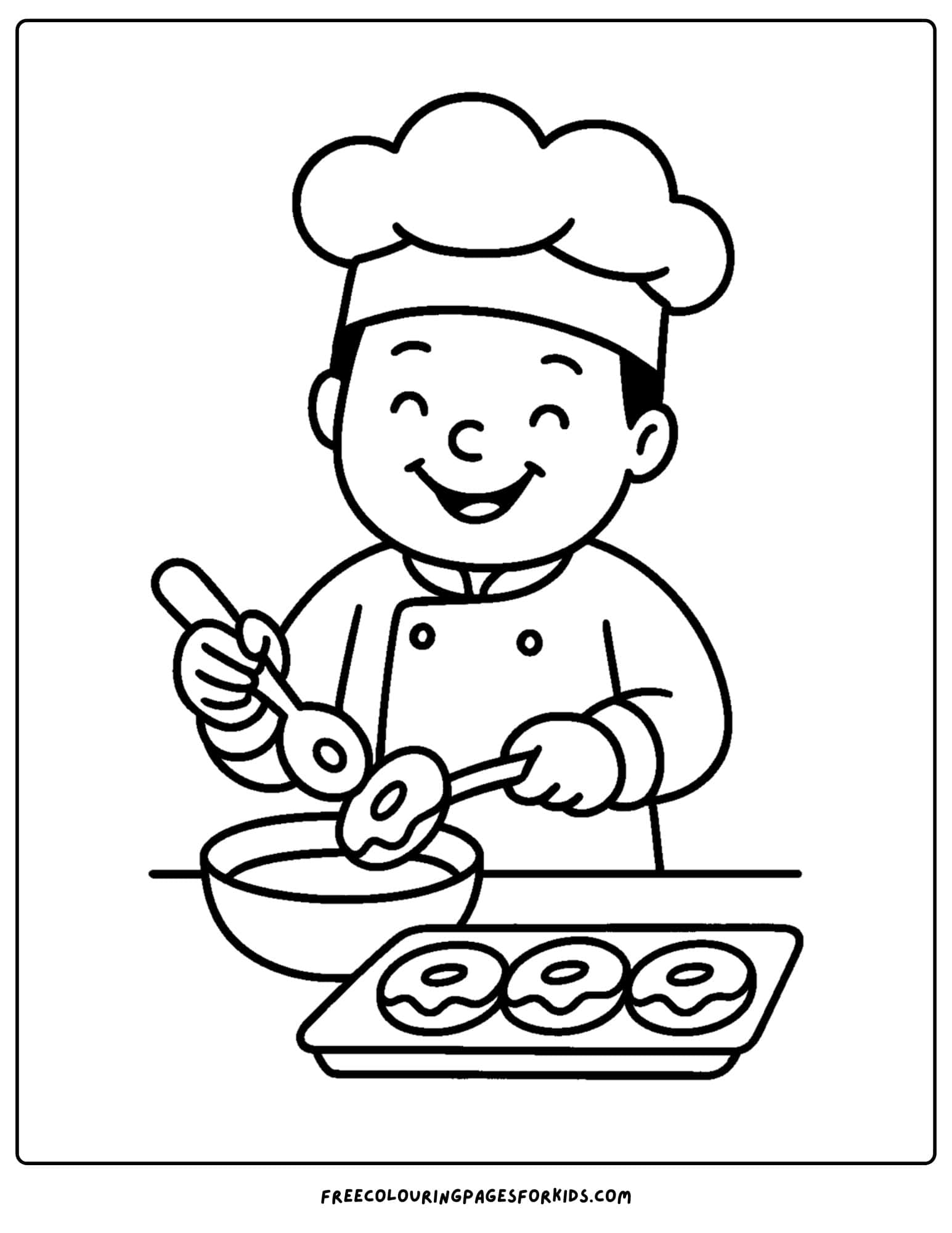 A baker coloring page featuring a baker making donuts