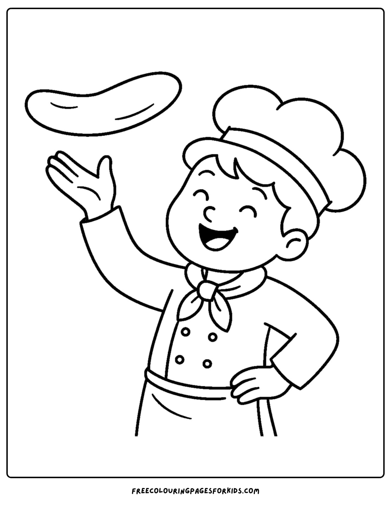 Baker coloring page in which a baker makes pizza dough and throws it in the air