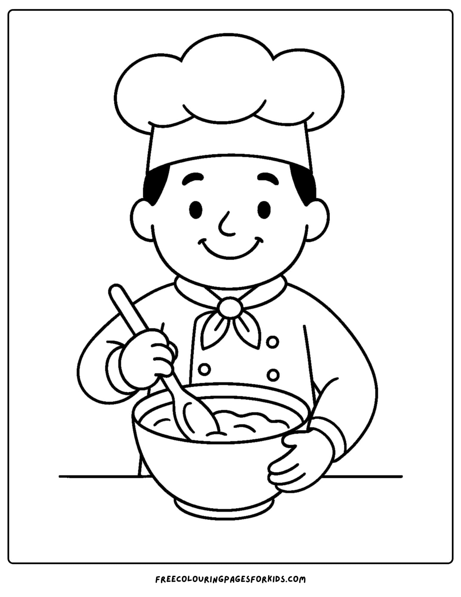 Baker coloring page in which baker mixes batter with spoon and bowl