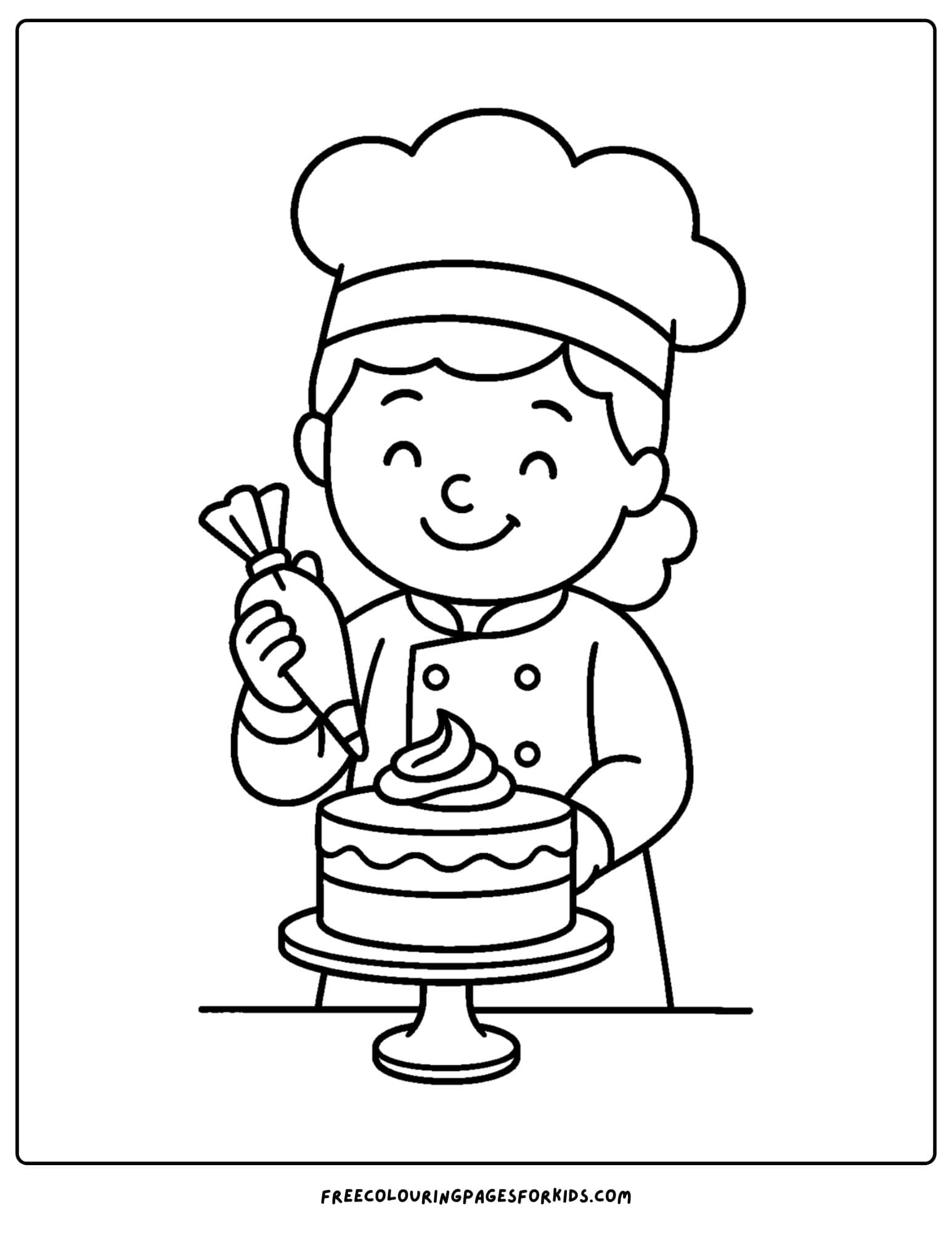 Baker coloring page in which baker puts frosting on cake