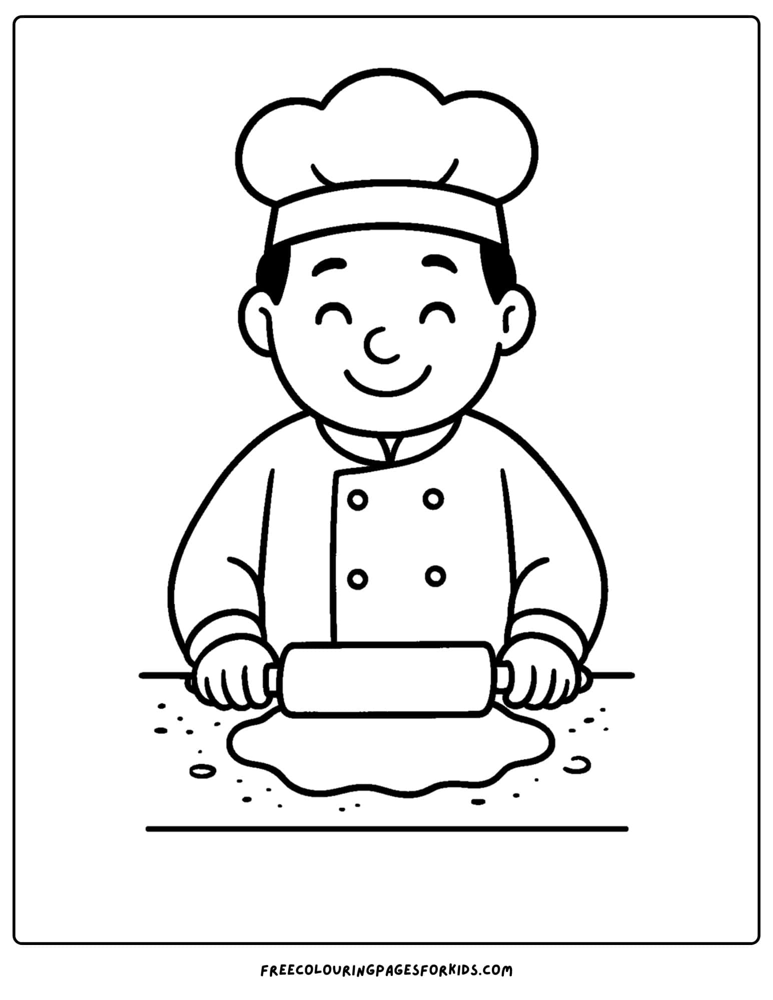 Baker coloring page in which the baker rolls out some dough with a rolling pin
