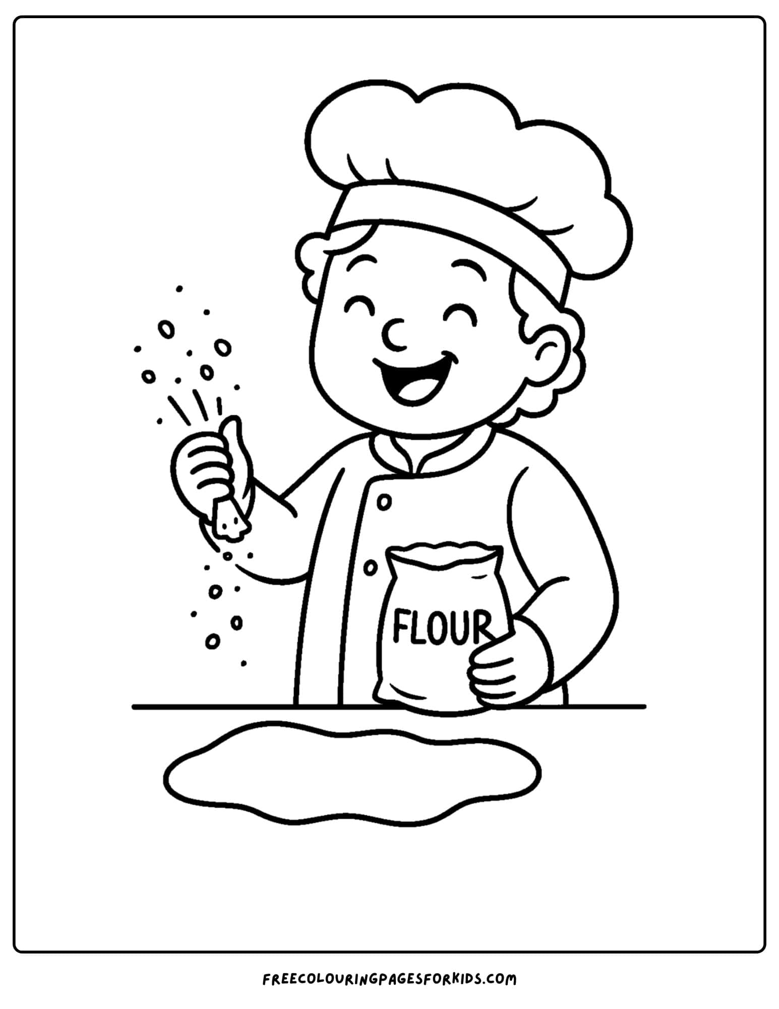 Baker coloring page with baker spreading flour on bench