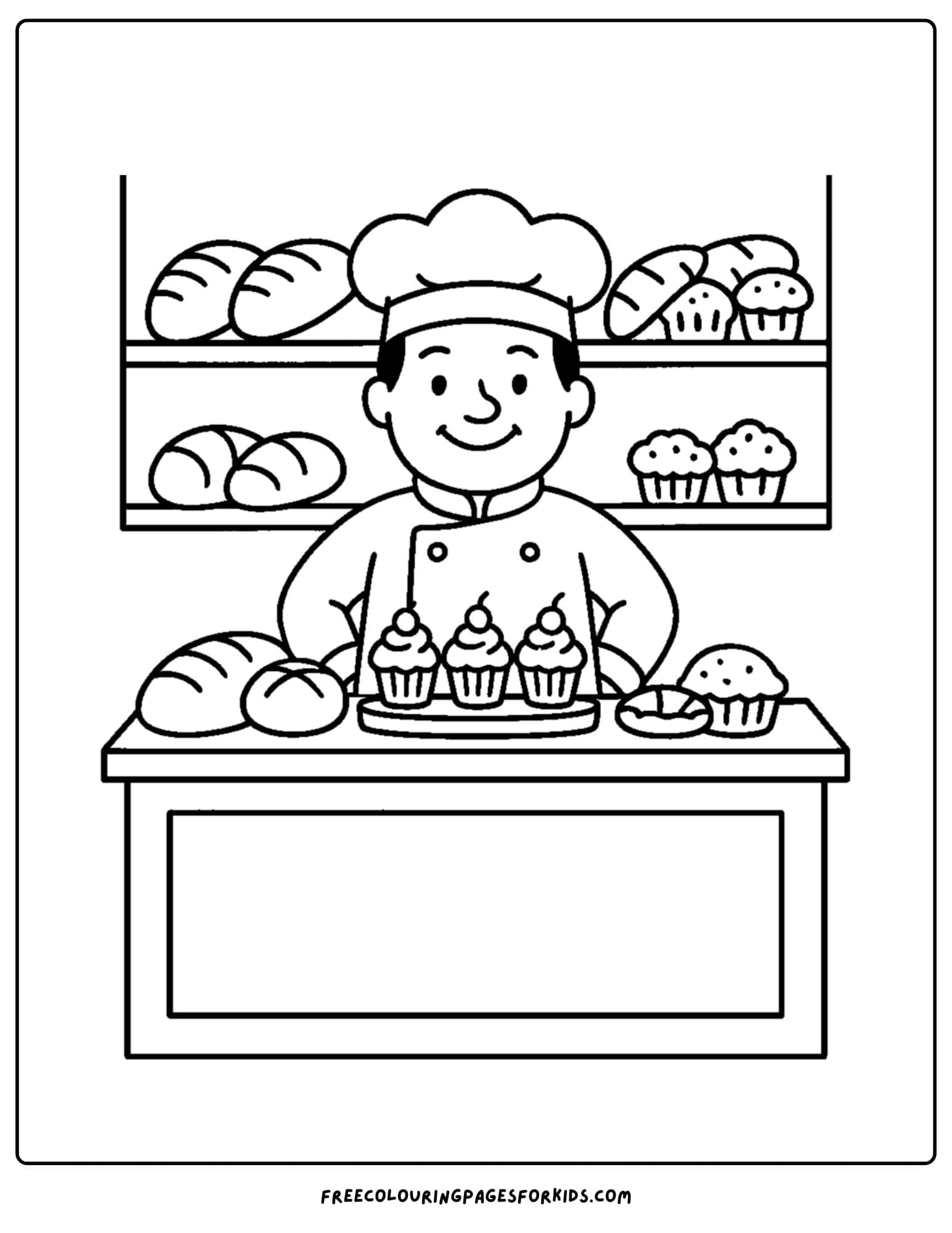 Baker coloring page with a baker standing in a store with cakes and breads for sale on the shelves