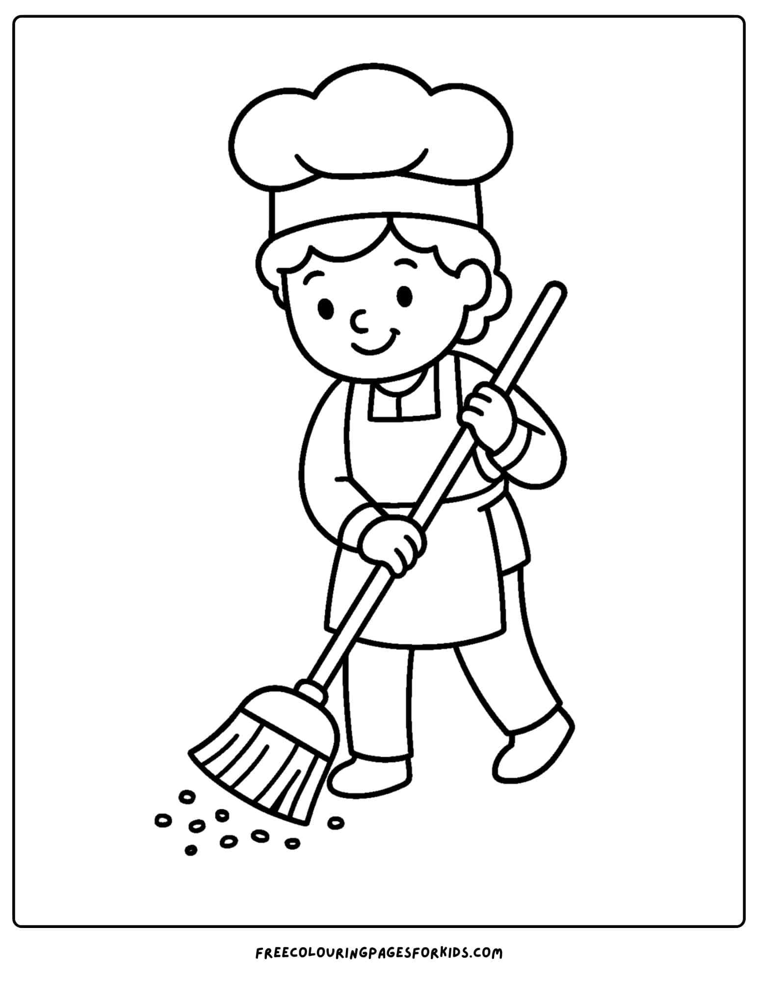 Baker coloring page in which a baker is cleaning crumbs from the bakery floor