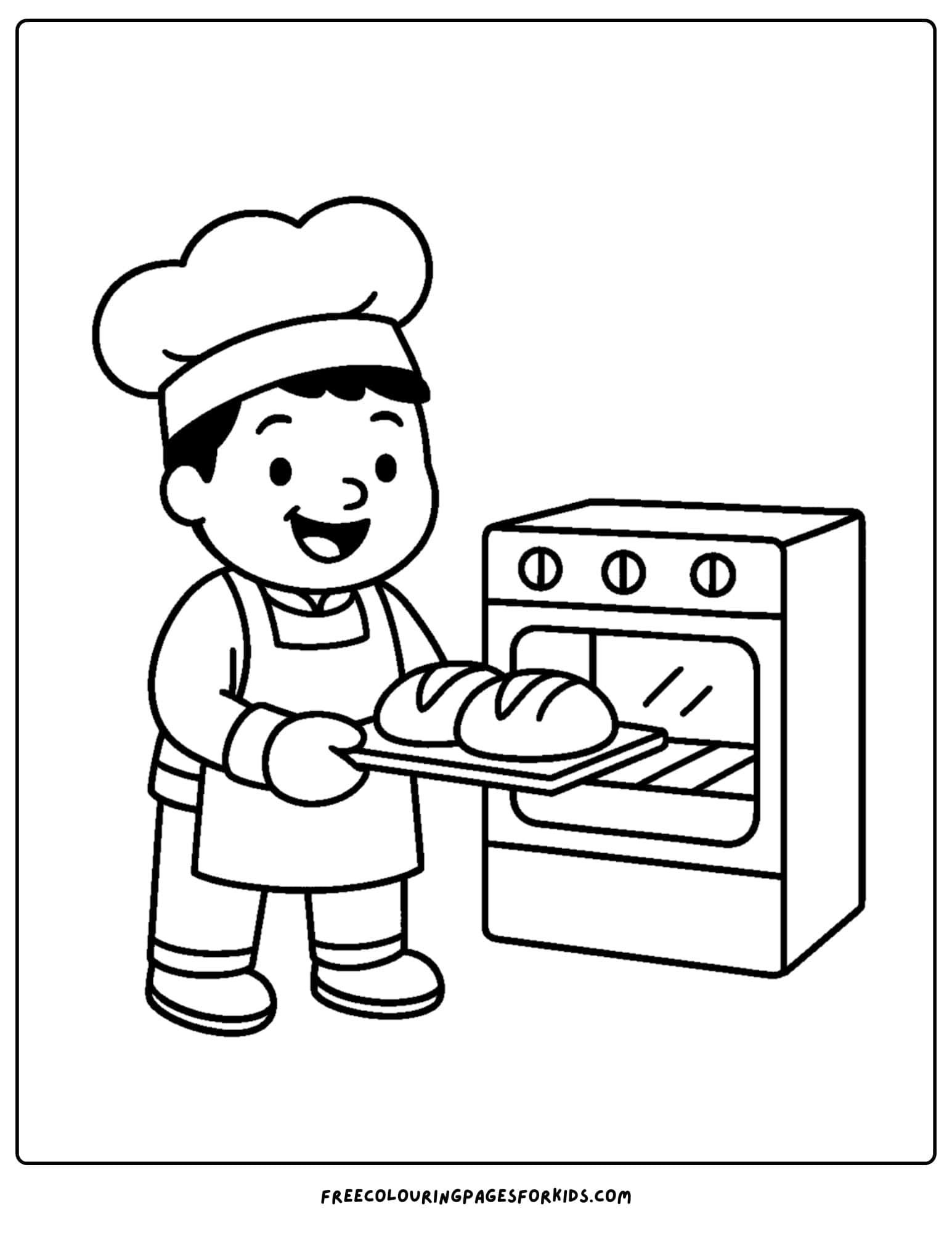 Baker coloring page in which the baker takes the bread out of the oven