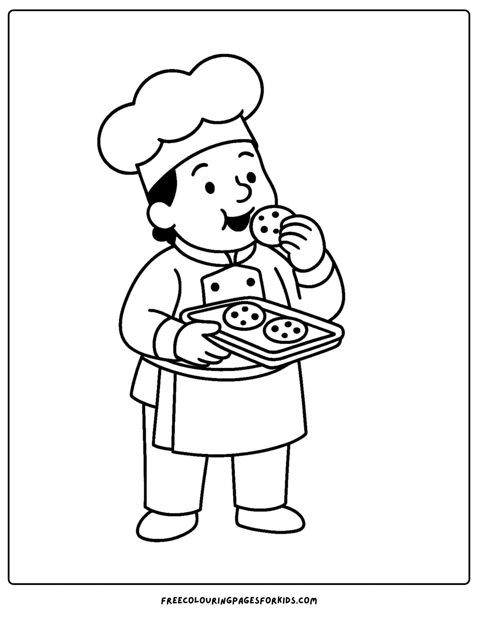 Baker coloring page in which a baker holds a plate of cookies in one hand and is eating cookies with the other