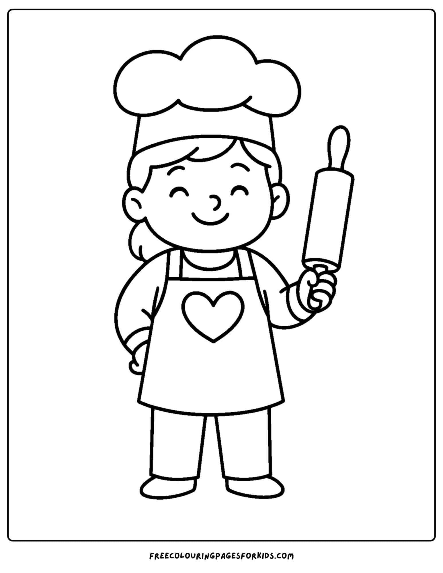 Baker coloring page featuring a baker wearing an apron and holding a rolling pin in one hand