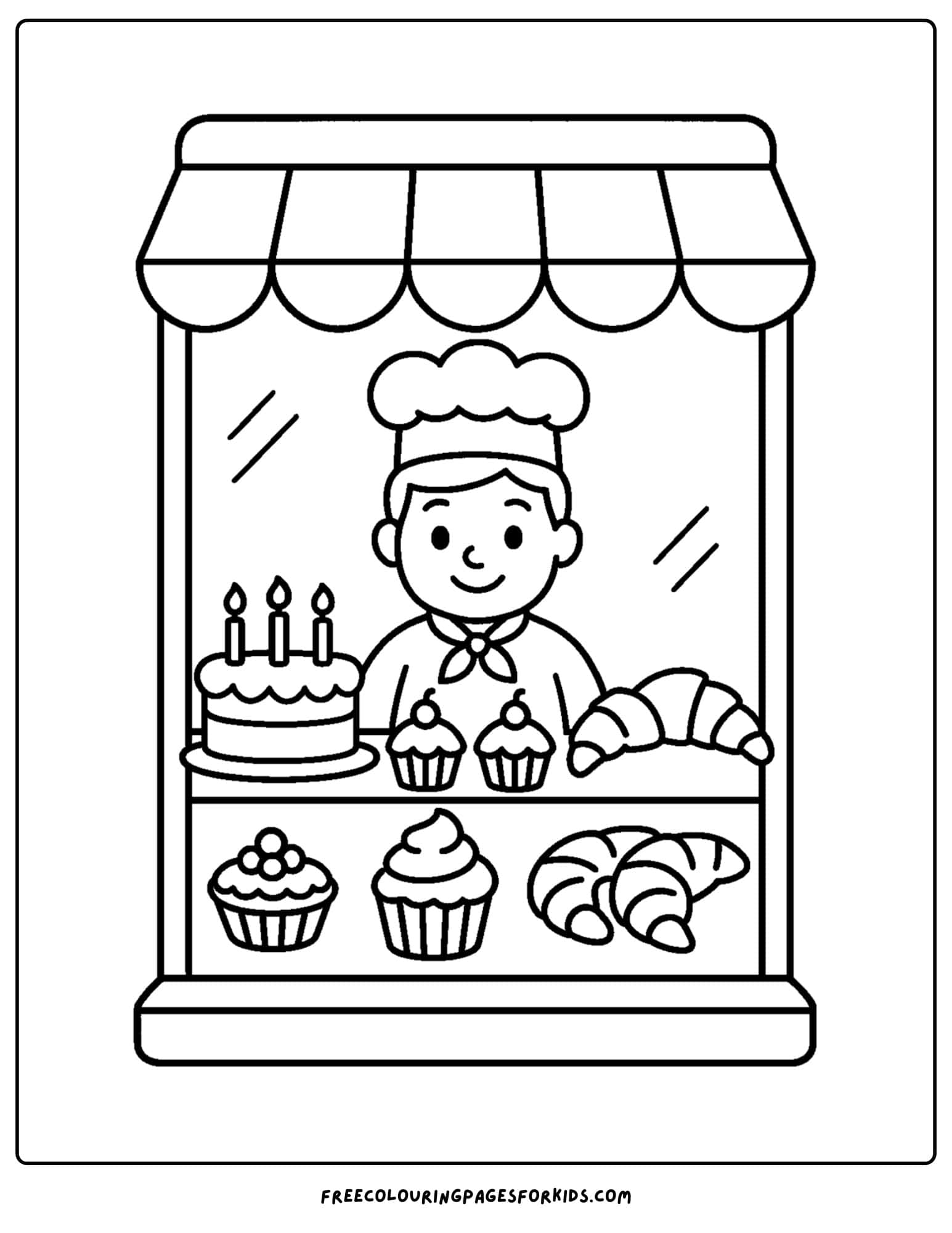 Baker coloring page with a baker standing in a shop with pastries and other baked goods displayed in the window
