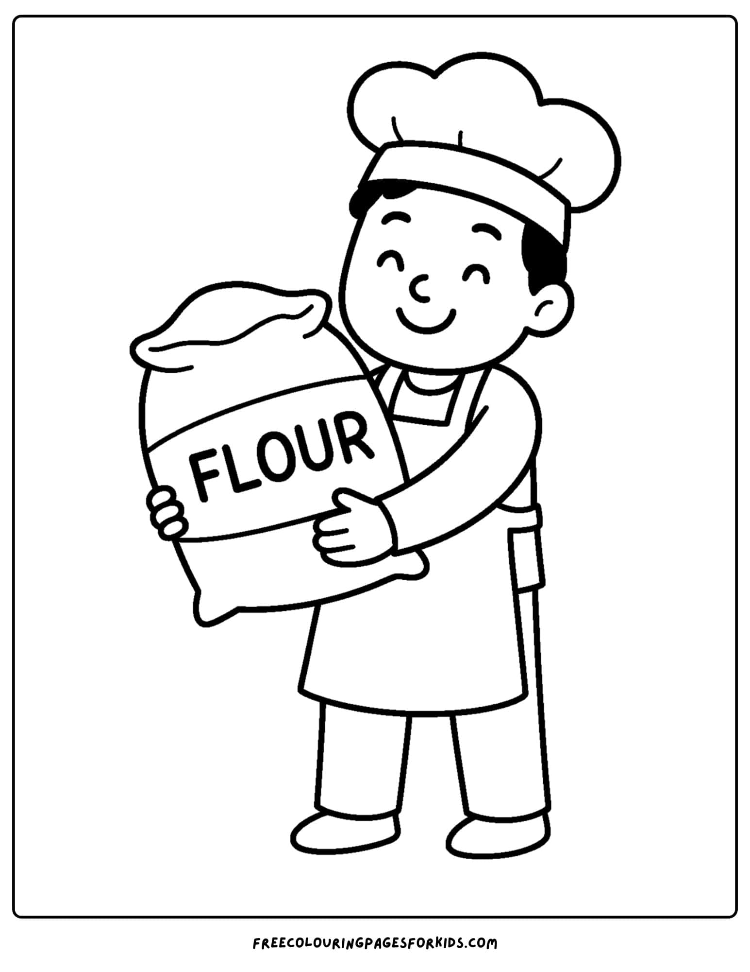 A baker coloring page in which a baker is holding a big bag of flour