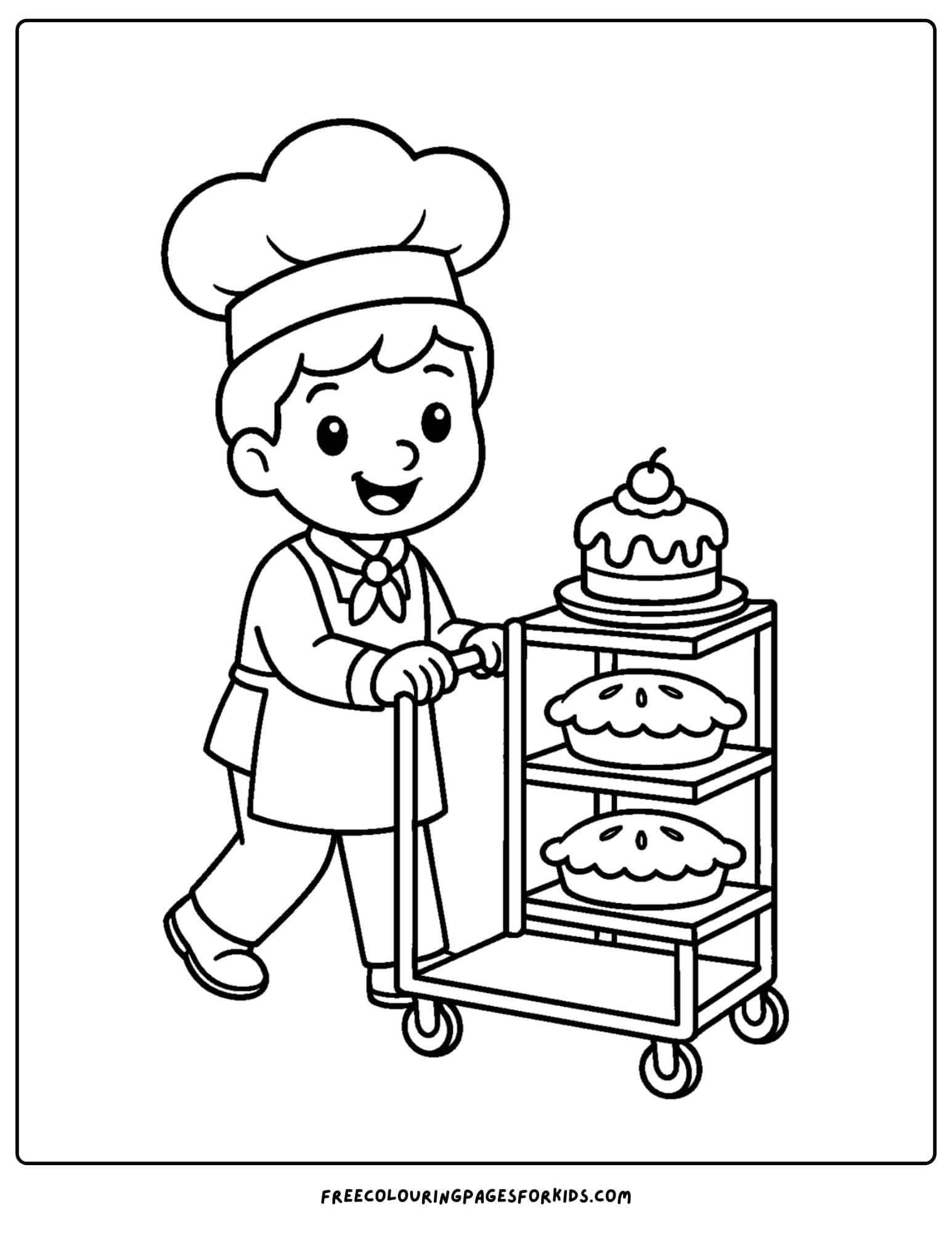 Baker coloring page with a baker rolling in a cart with snacks