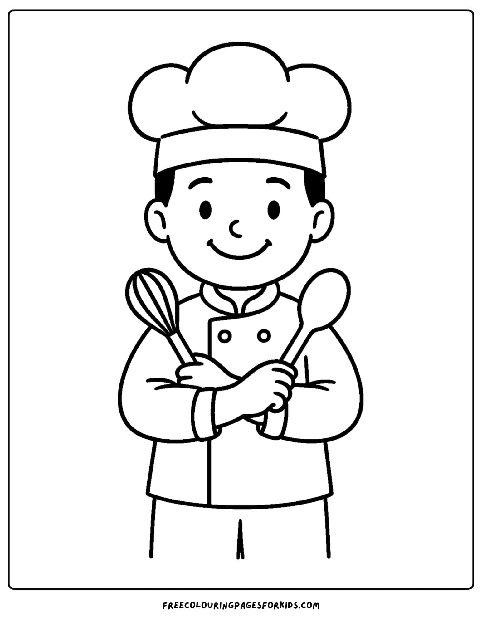 A baker coloring page in which a baker holds a mixer and spoon in his hands