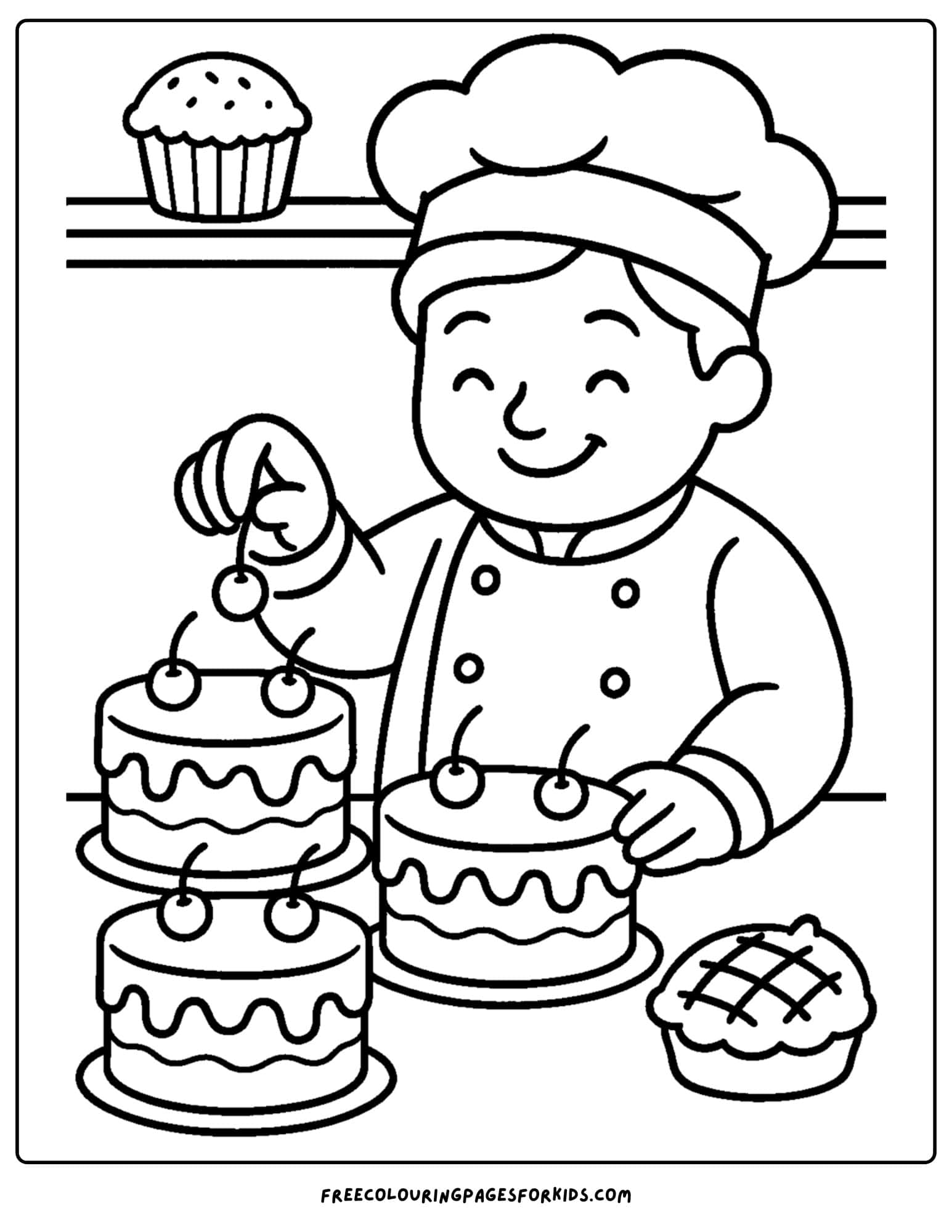 Bakery coloring page with baker putting cherries on cake