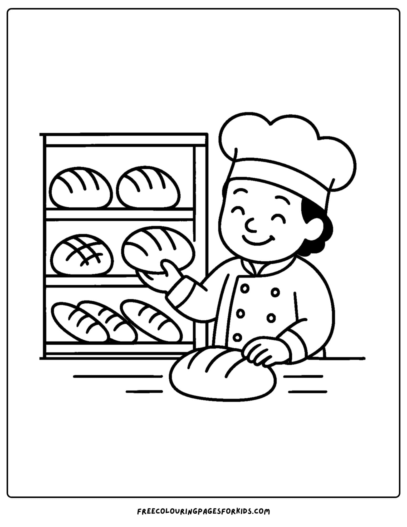 Bakery coloring page with baker laying out bread in bakery