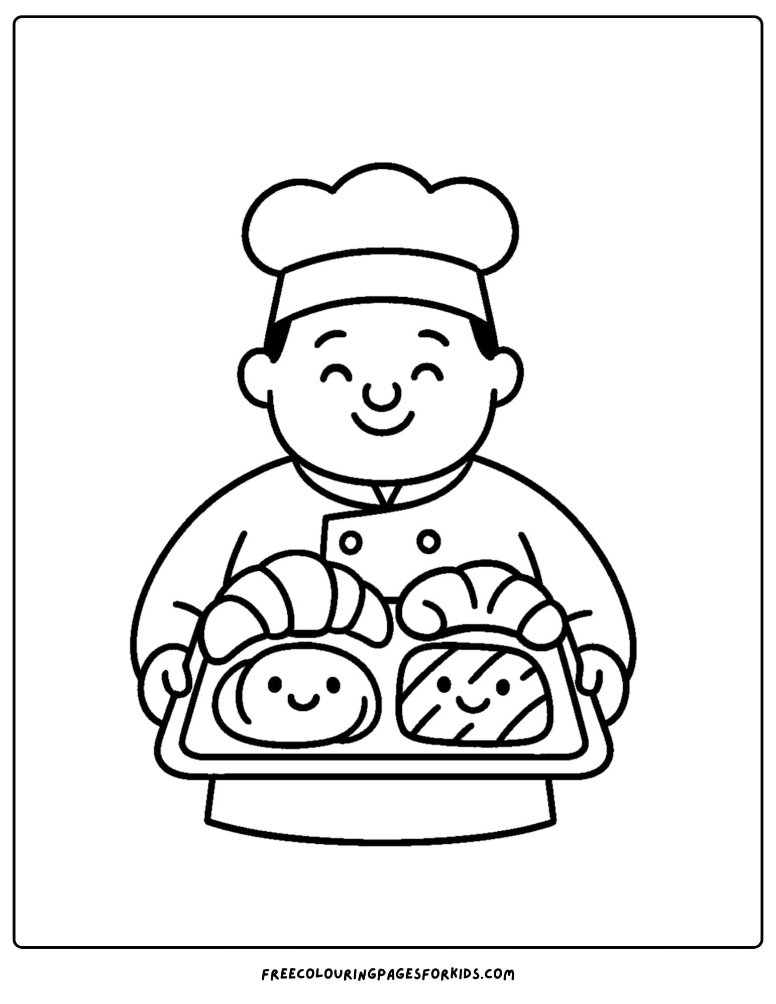 Bakery coloring page with baker holding a plate of croissants