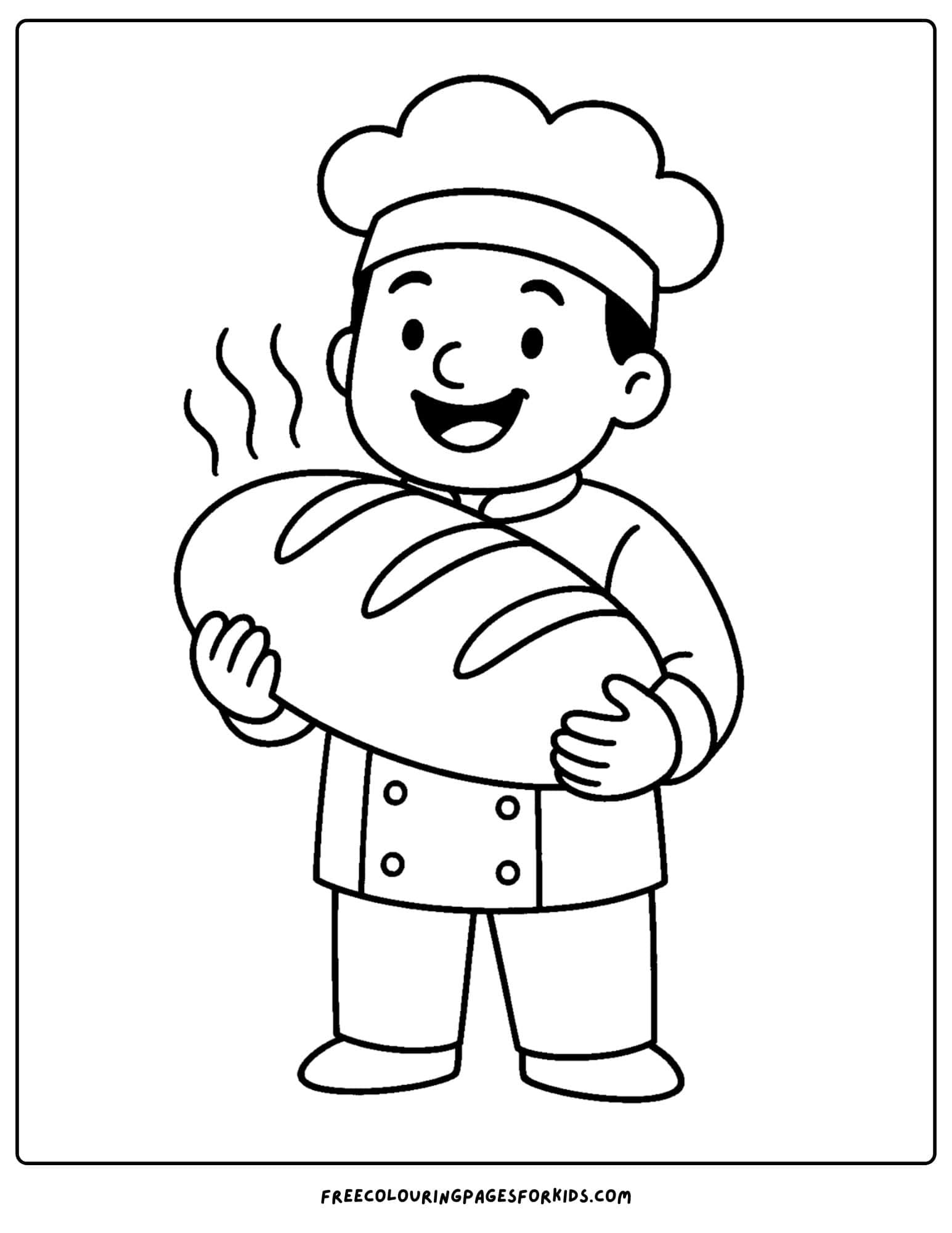 Bakery coloring page with a baker holding a huge loaf of hot bread