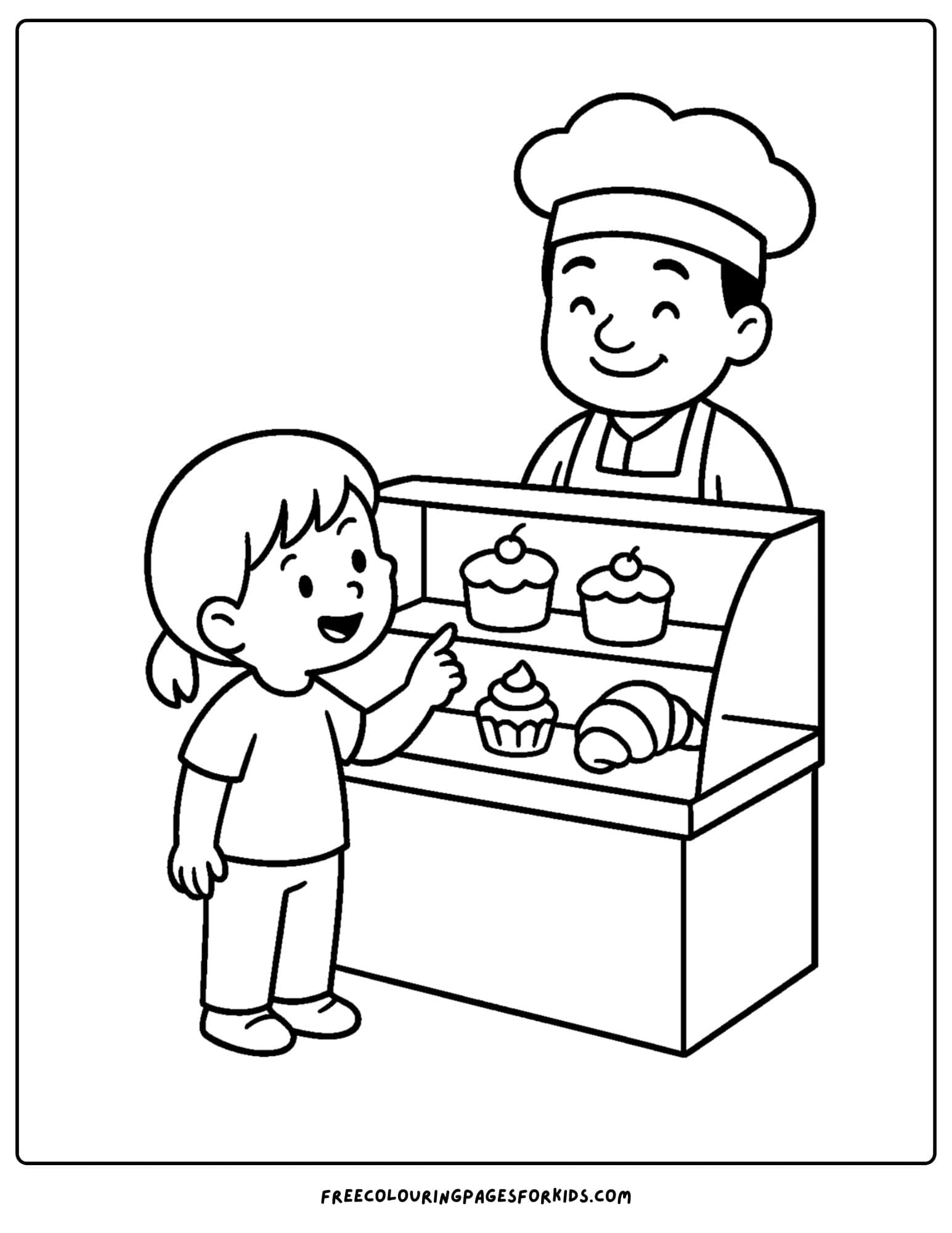 Bakery coloring page with a baker serving children in a bakery
